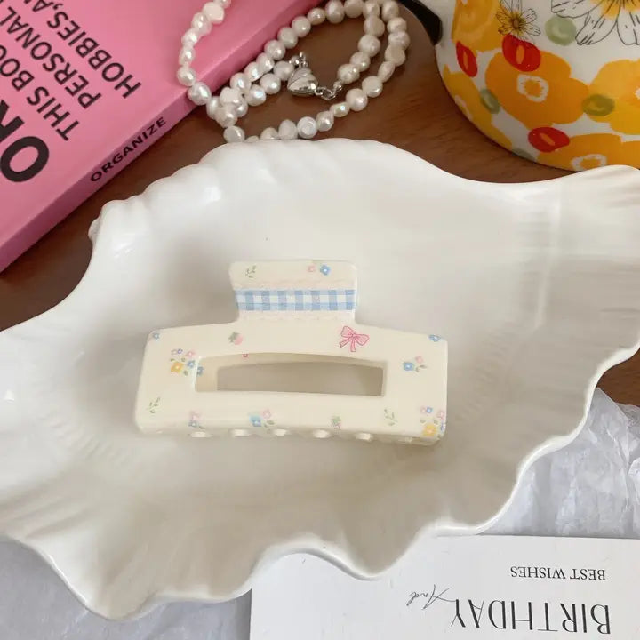 Floral & Gingham Bow Hair Claw Clip – Cream & Pastel Design