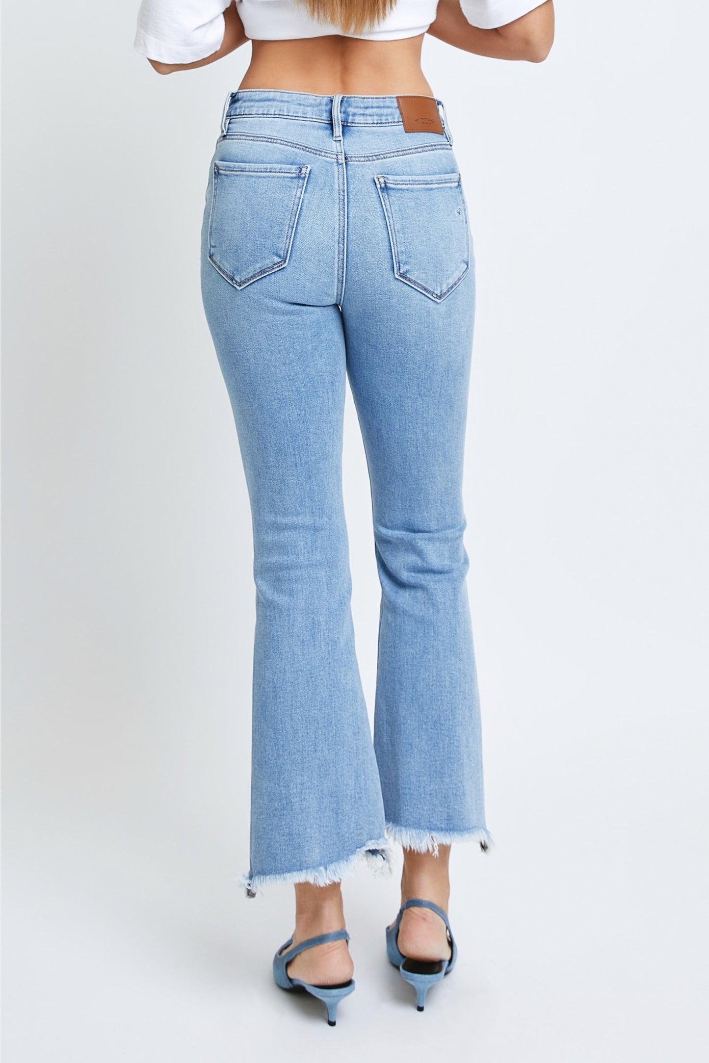 Medium Wash Clean Frayed Hem Stretch Crop Flare - Hidden Jeans back