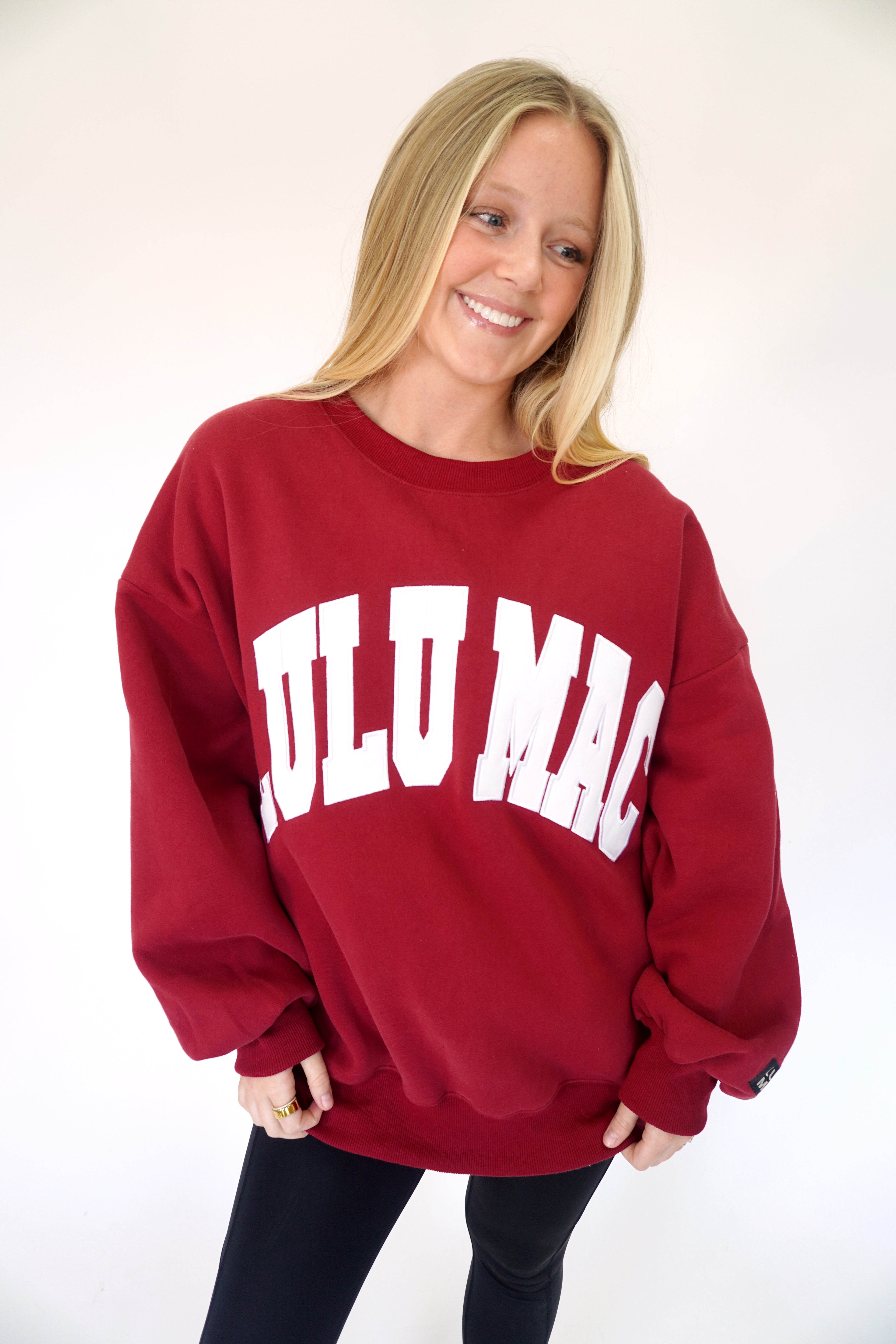 Cozy collegiate style Lulu Mac crewneck in deep red