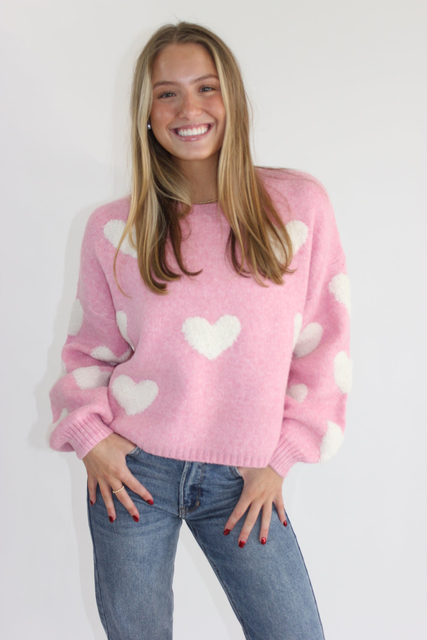 Hadley Pink Heart Sweater styled