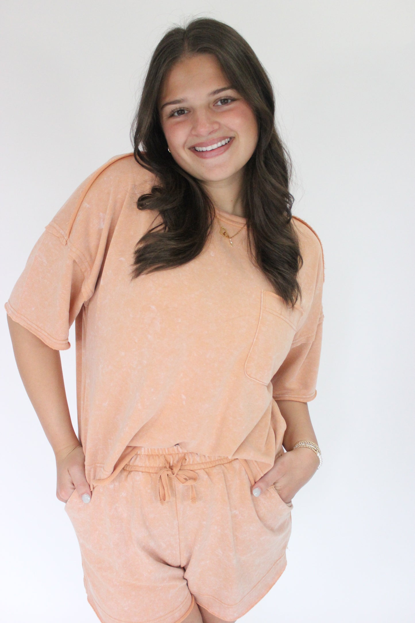 Sunset Glow Mineral-Washed Knit Set smile with hands in pockets