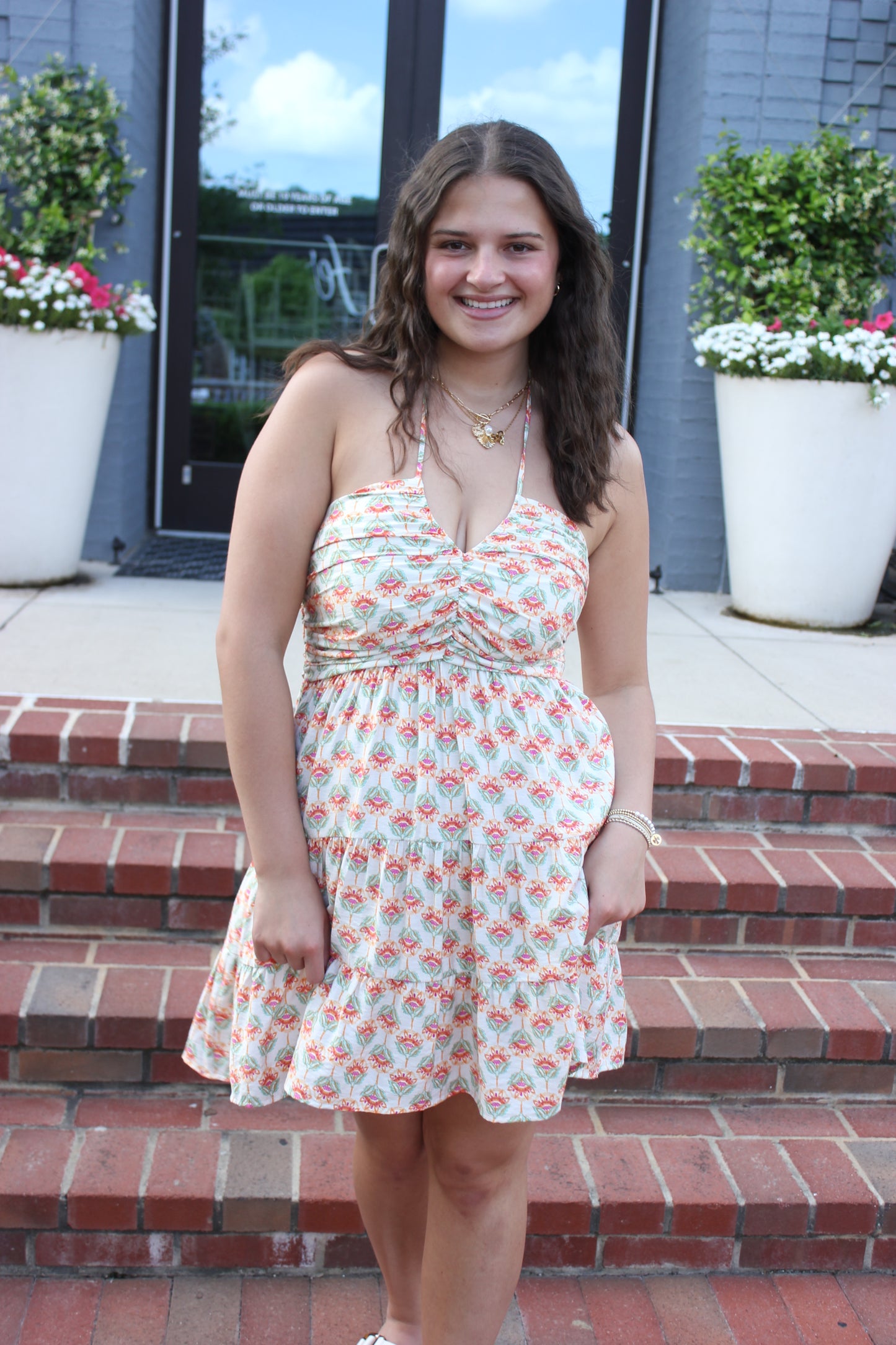 Peach Blossom Ruched Halter Mini Dress