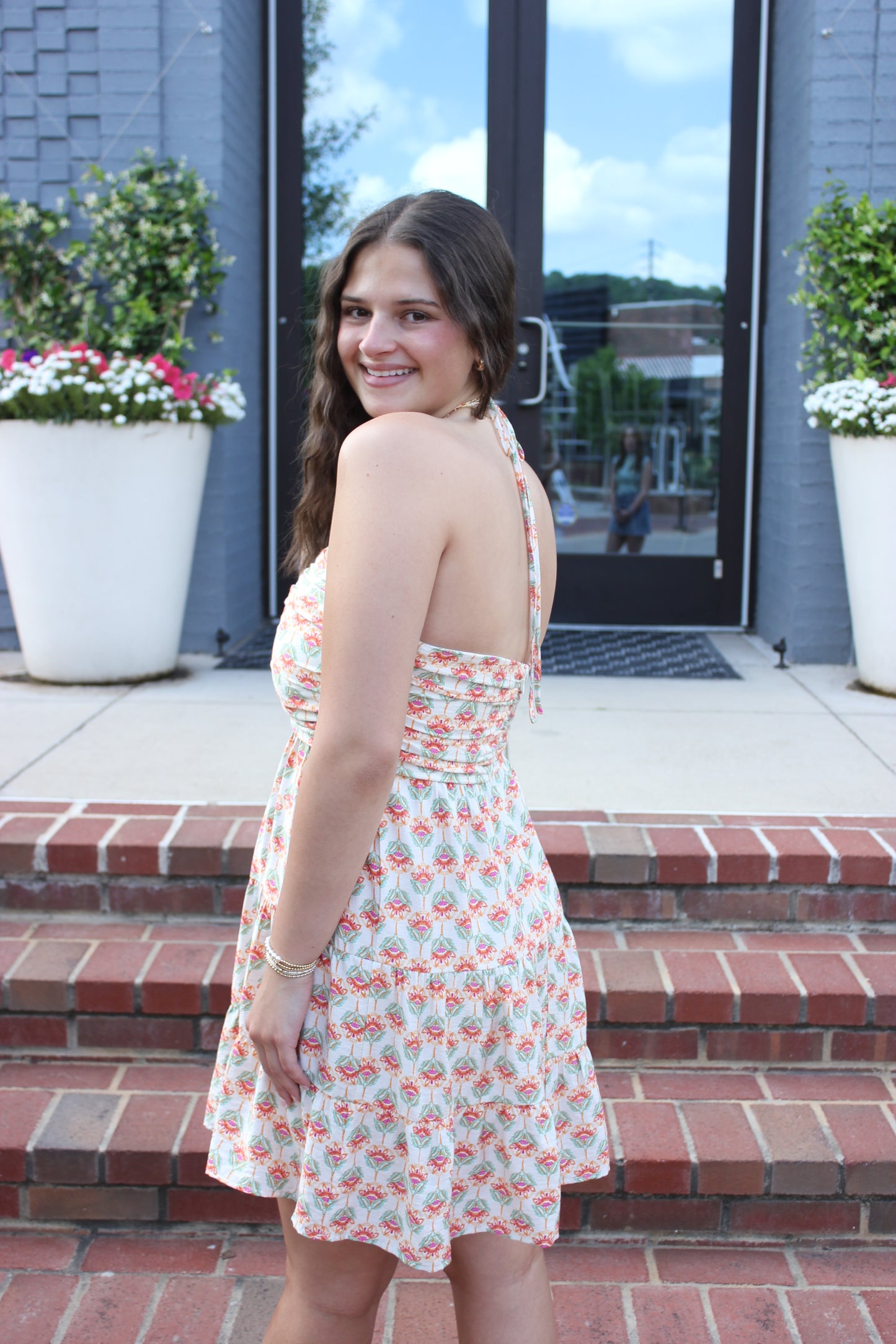 Peach Blossom Ruched Halter Mini Dress