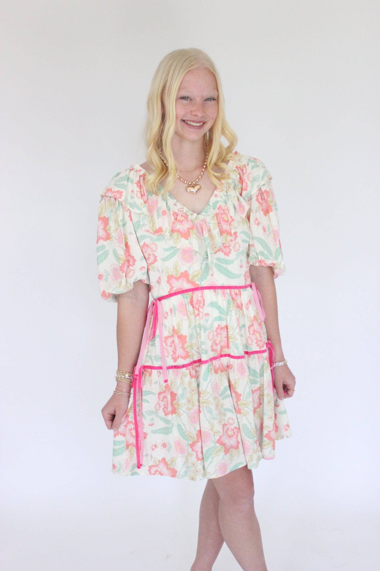 Magnolia Bloom V-Neck Dress - Pink front