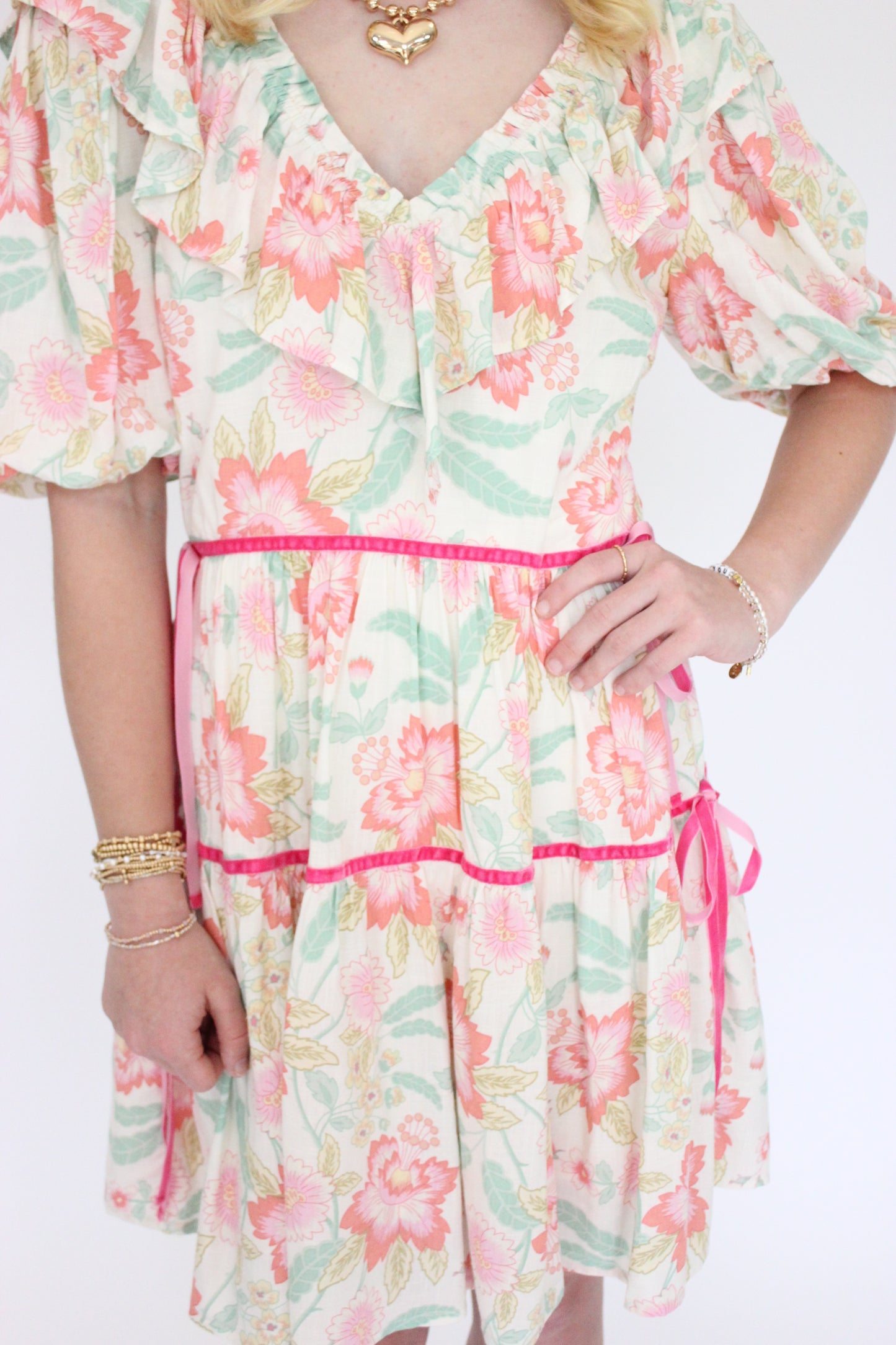 Magnolia Bloom V-Neck Dress - Pink bow details