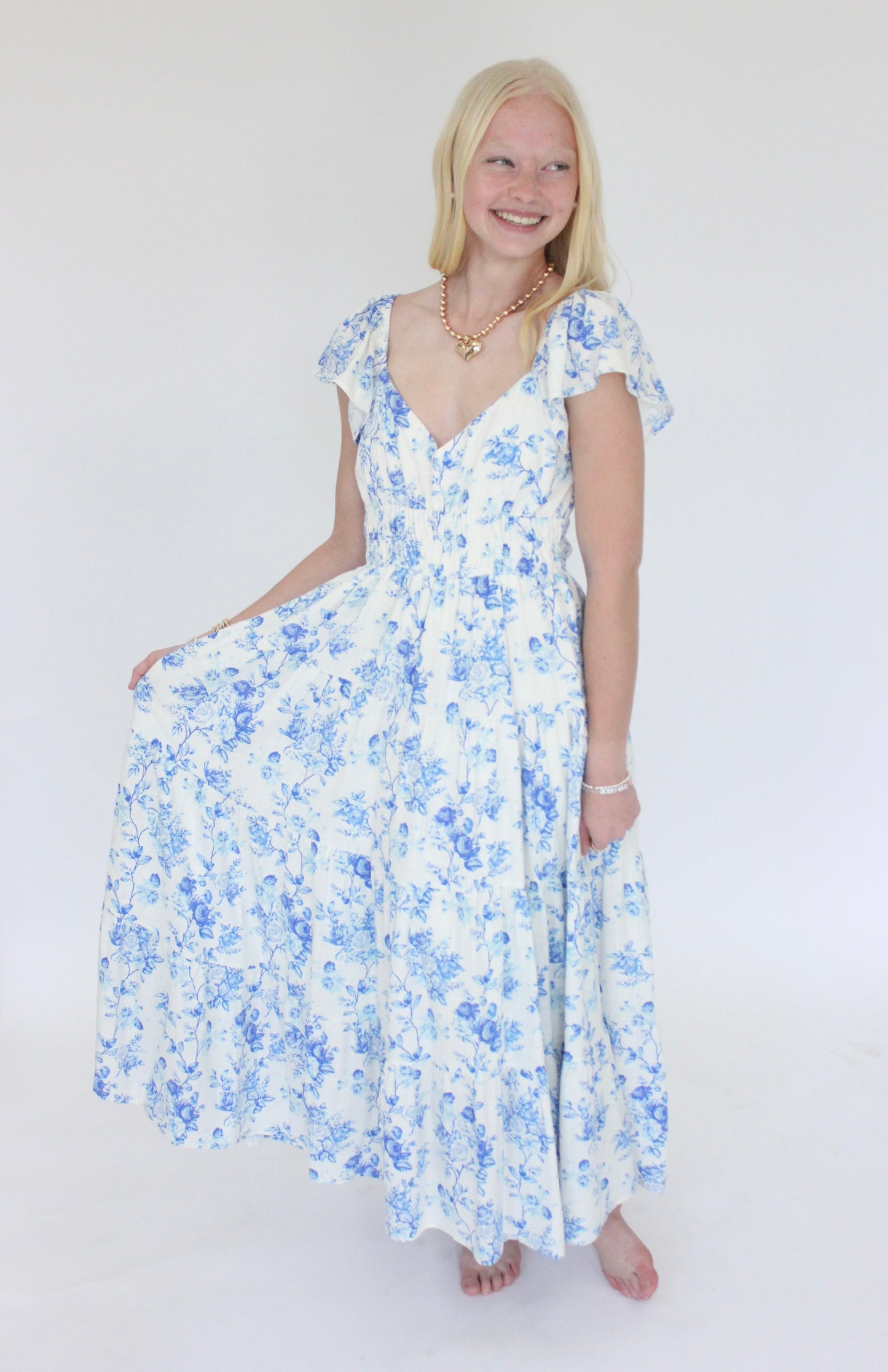 Sweetheart Print Dress - Blue Front Details