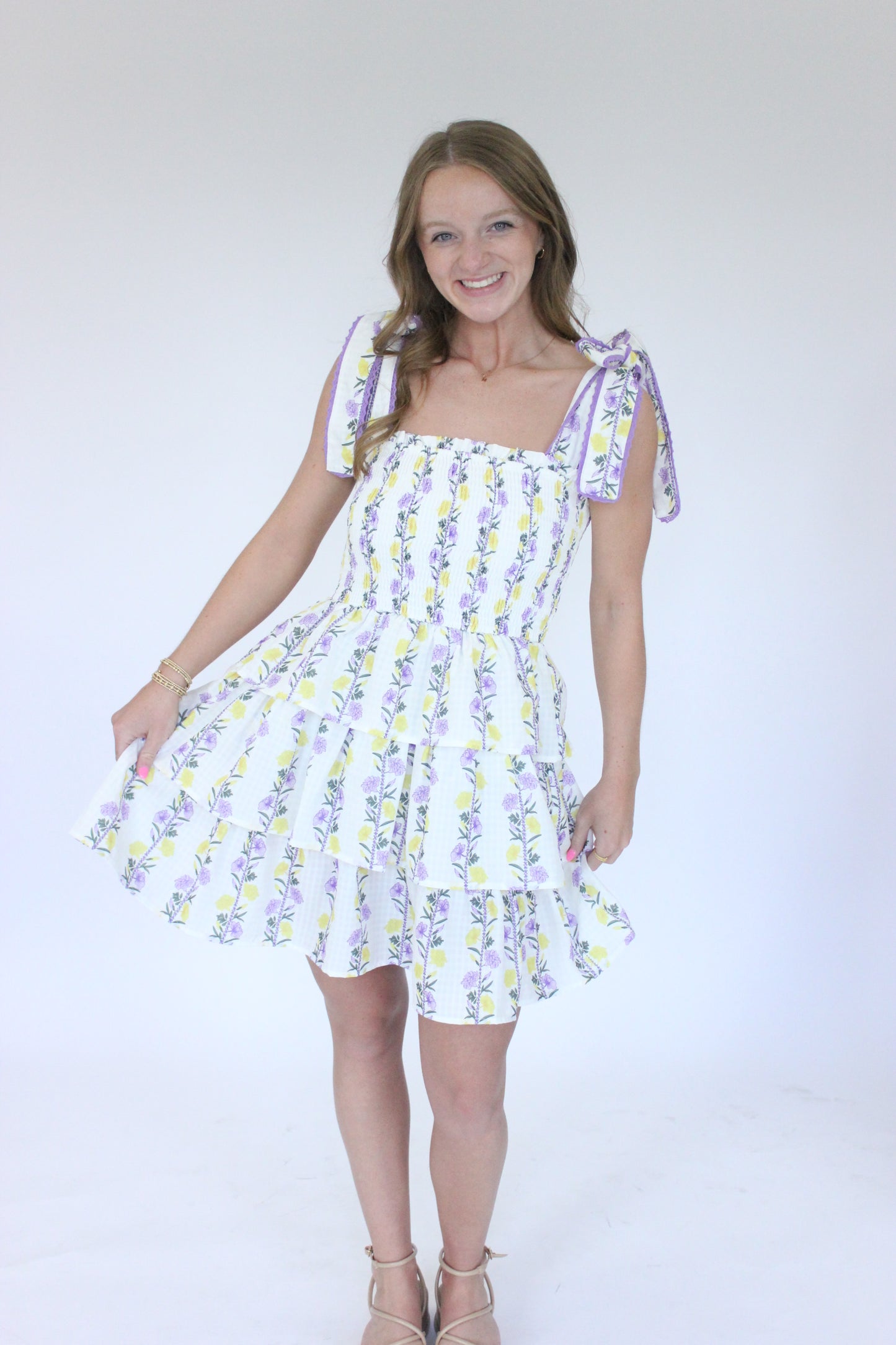 Aretha Floral Smocked Tiered Dress - Purple + Yellow Show the dress