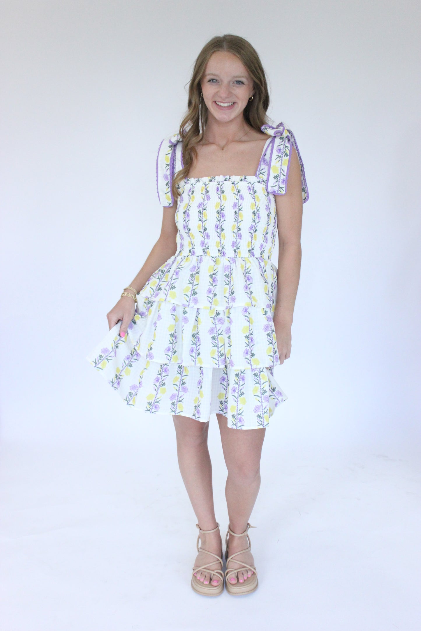Aretha Floral Smocked Tiered Dress - Purple + Yellow front view