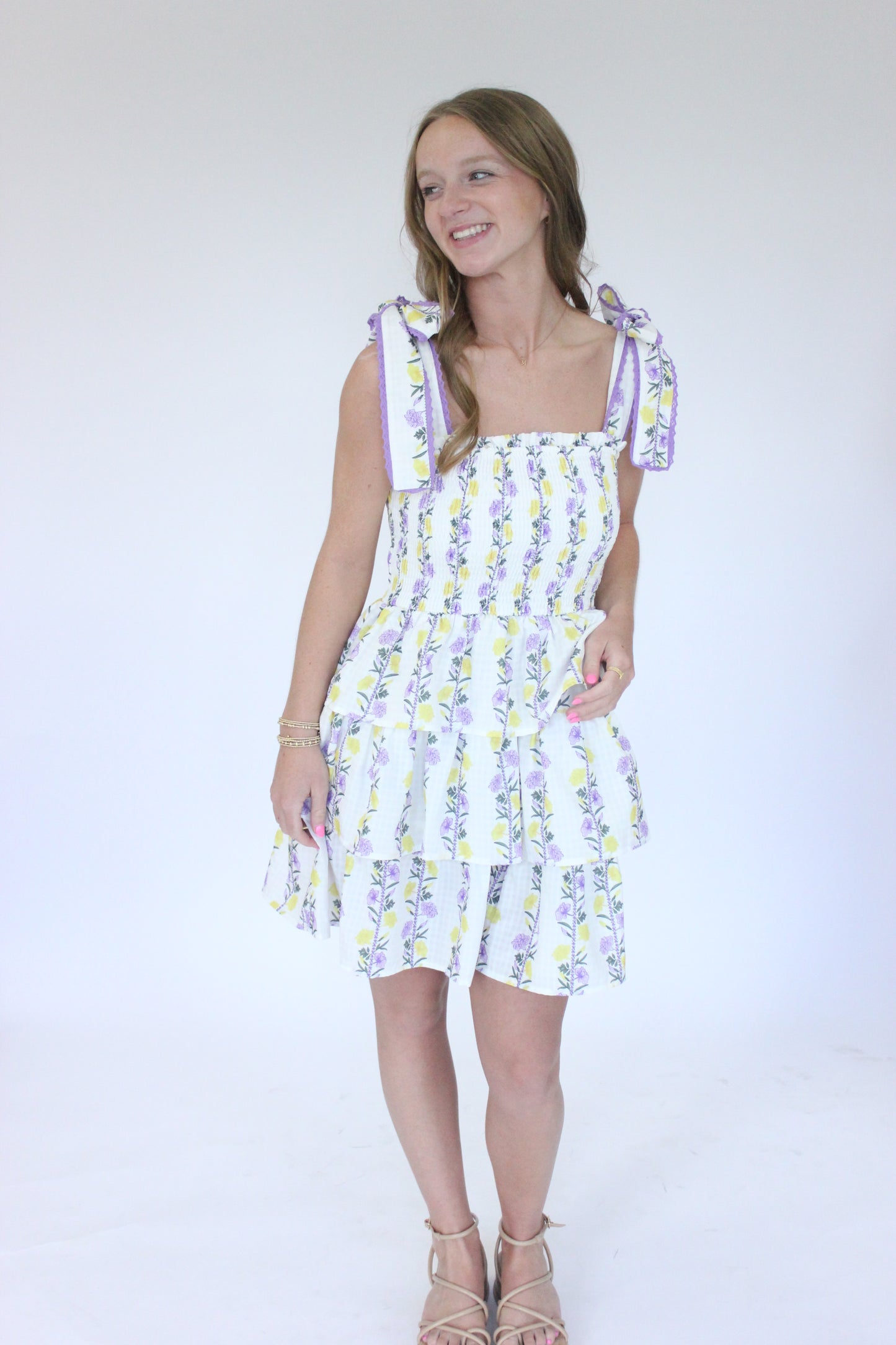 Aretha Floral Smocked Tiered Dress - Purple + Yellow hand on hip