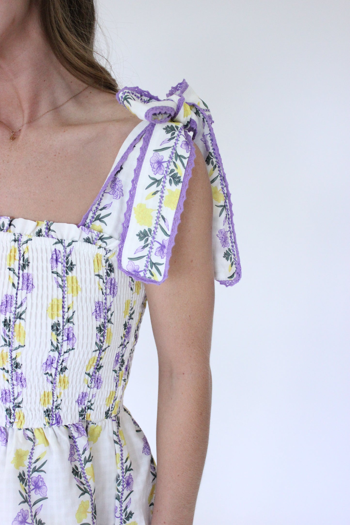 Aretha Floral Smocked Tiered Dress - Purple + Yellow tie straps