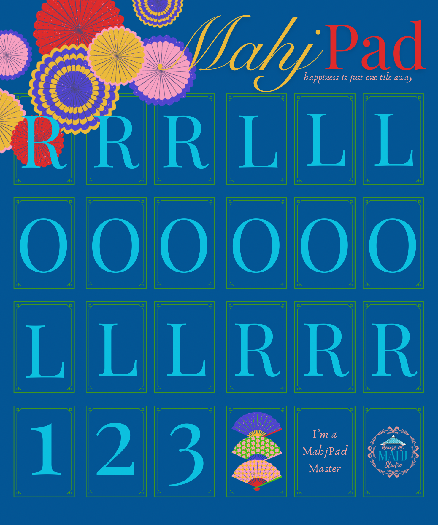Colorful Parasol Fun Mahjong practice mat with fan artwork and tile guides.