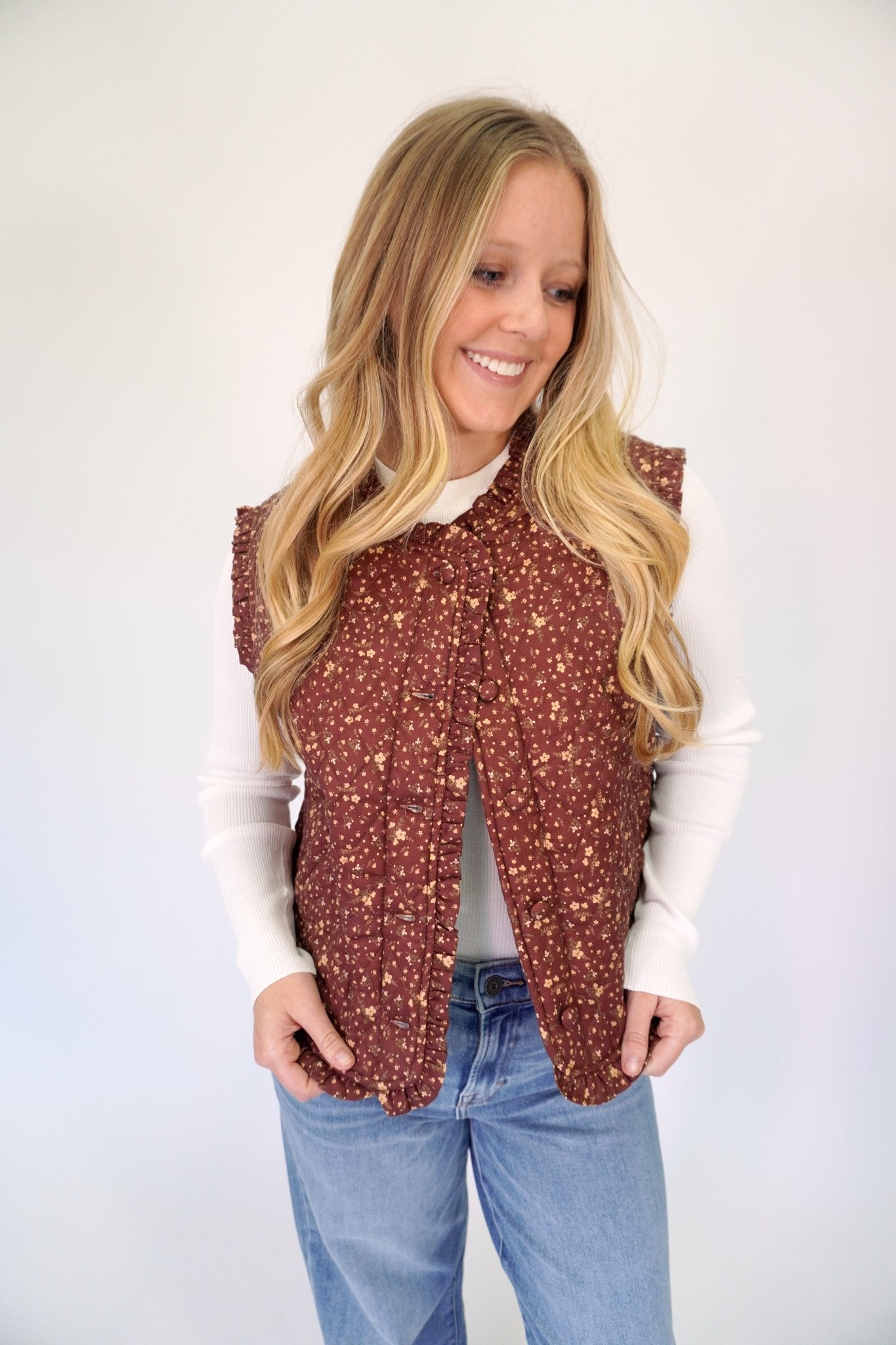 Amelia Brown Ditsy Floral Quilted Fall Vest - Anderson Ave boutique