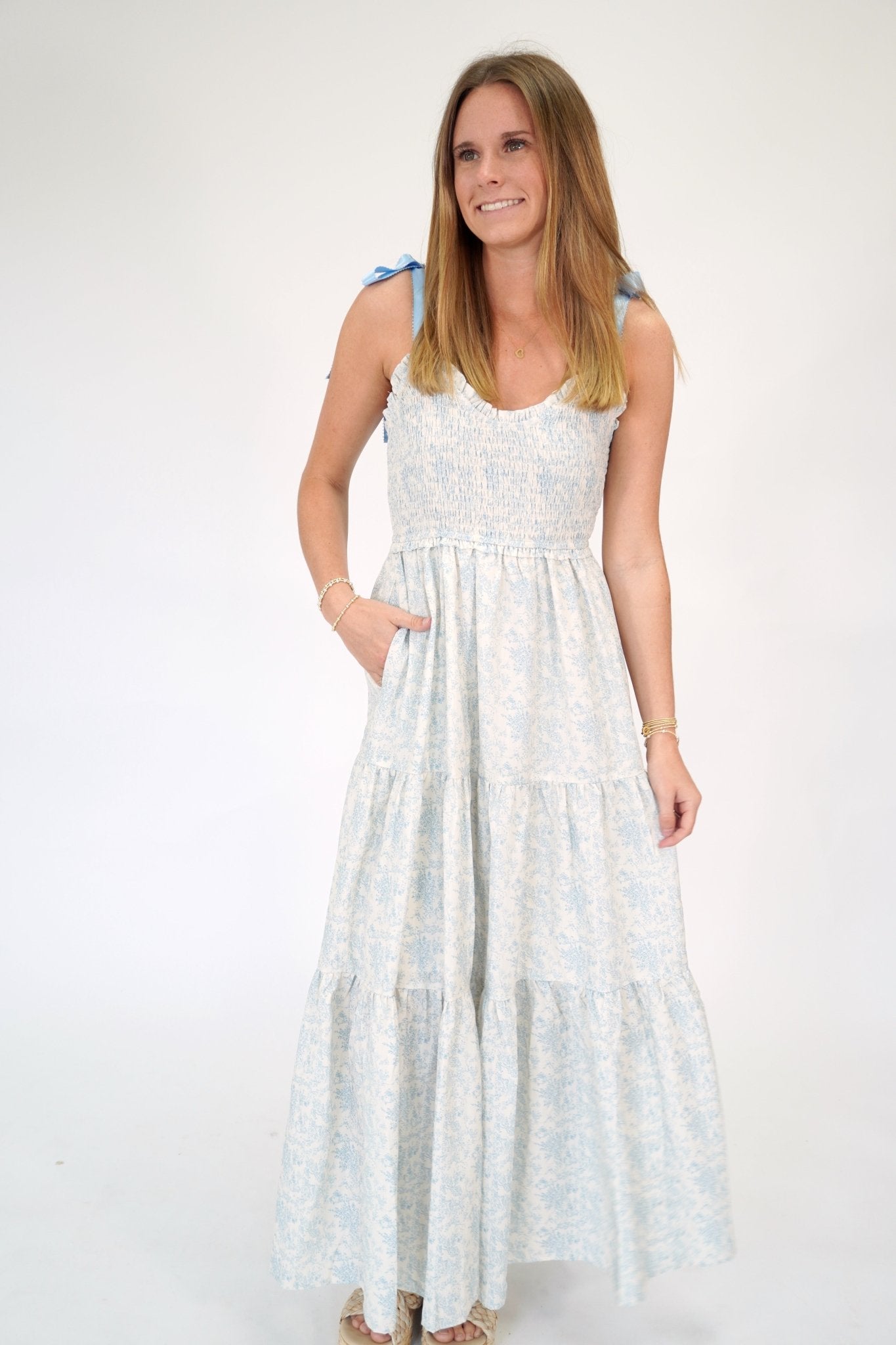 Aria Blue Floral Smocked Tiered Maxi Dress with Ribbon Straps - Anderson Ave boutique