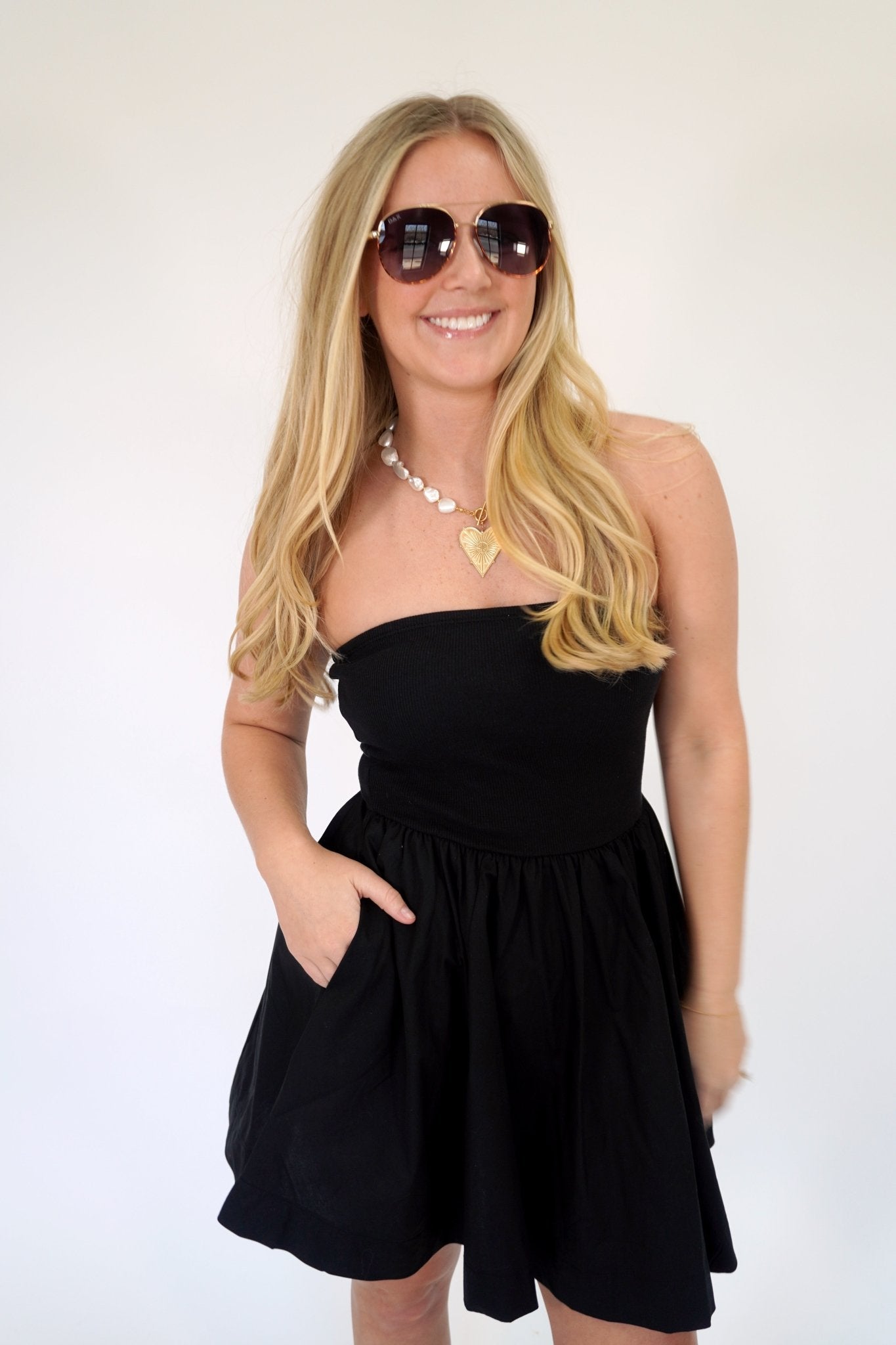 Aria Ribbed Strapless Mixed - Media Fit & Flare Mini Dress - Black - Anderson Ave boutique