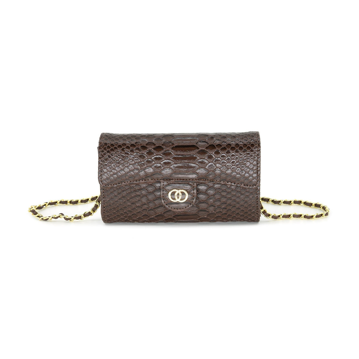 Bianca Chocolate Brown Snake Embossed Mini Crossbody Bag with Chain Strap - Anderson Ave boutique