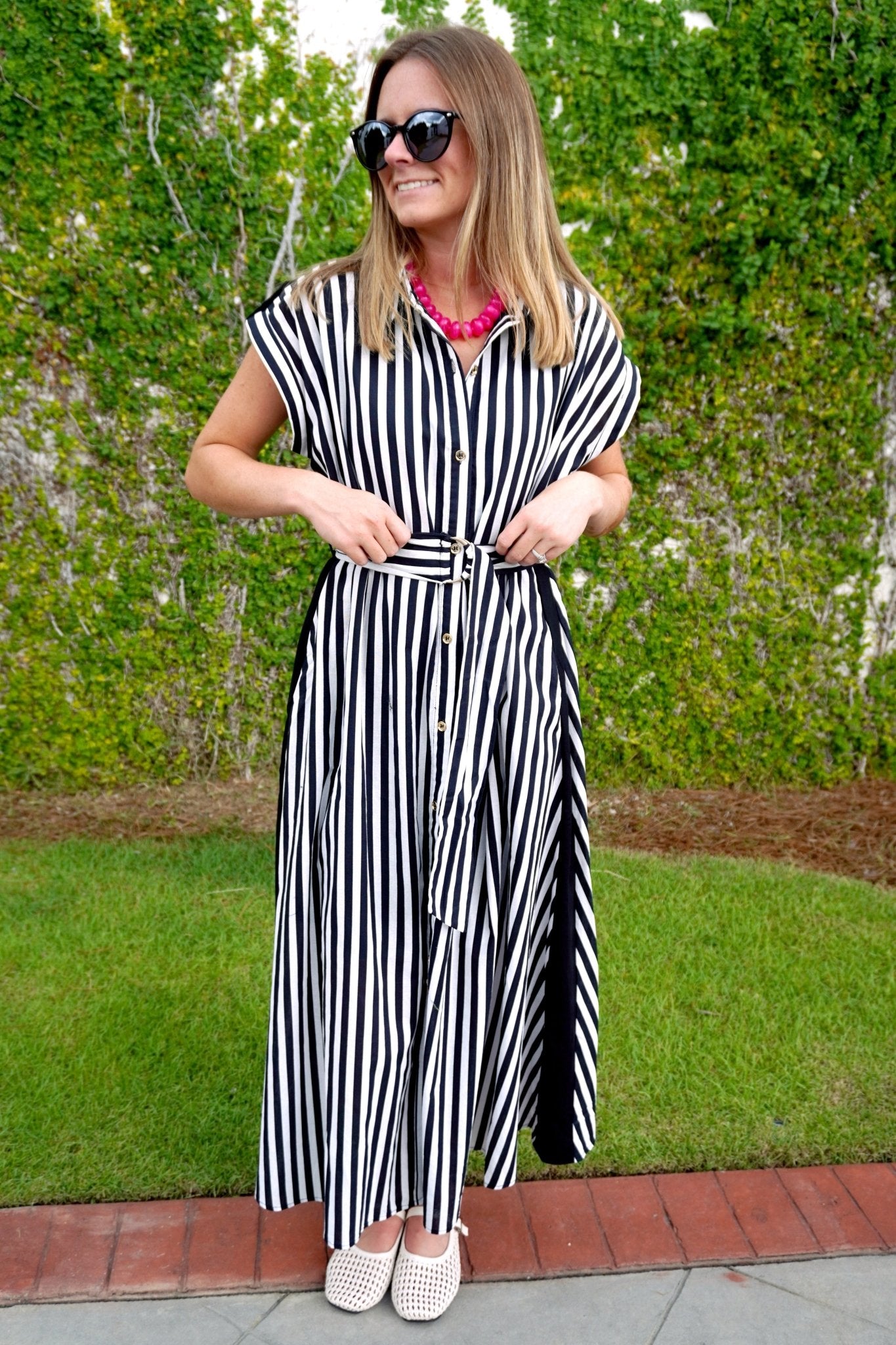 Black Stripe Belted Midi Dress - Anderson Ave boutique