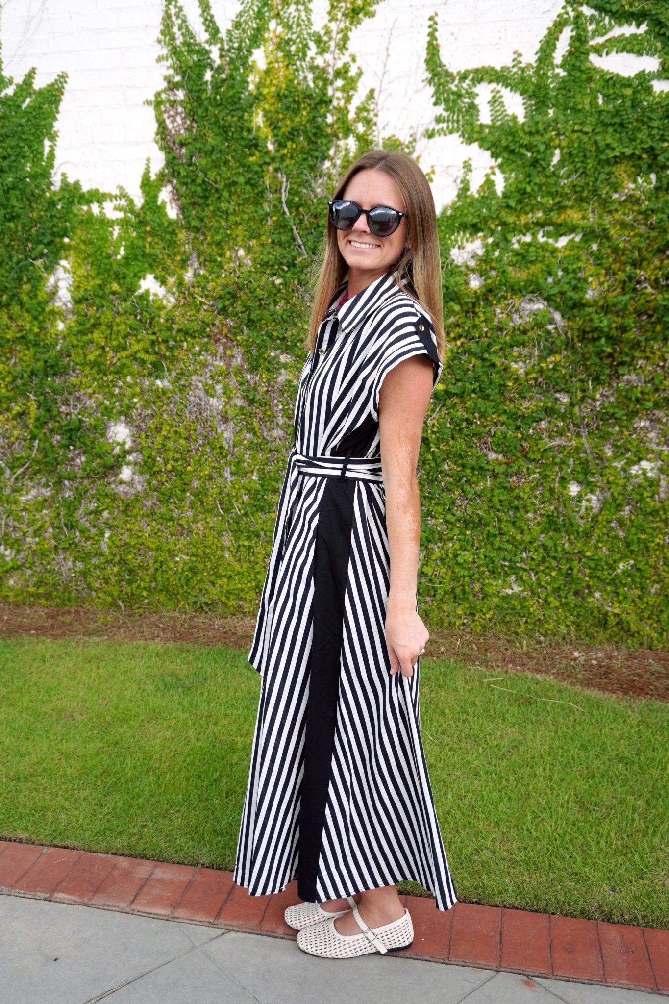 Black Stripe Belted Midi Dress - Anderson Ave boutique