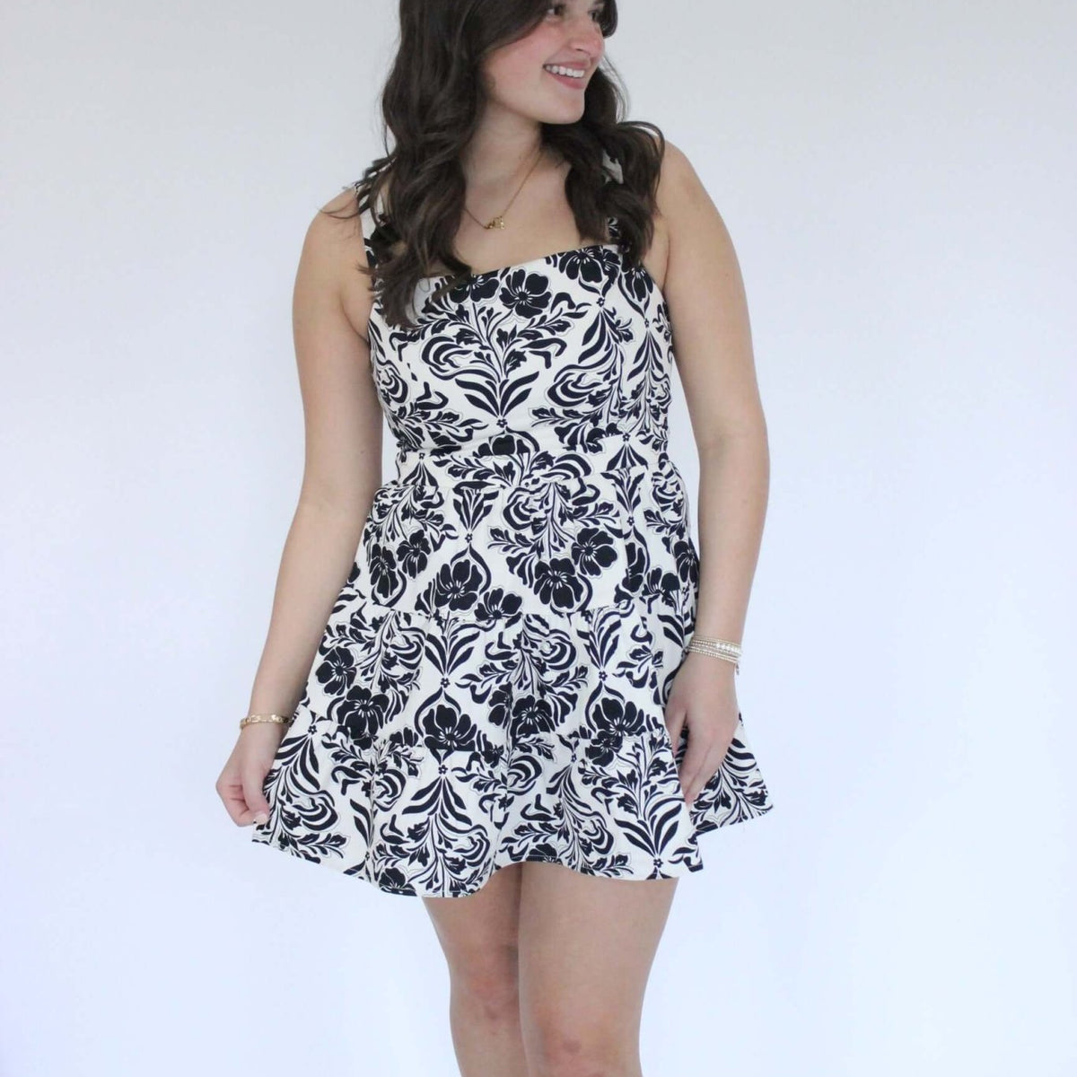 Bloom Black & White Floral A-Line Mini Dress Large