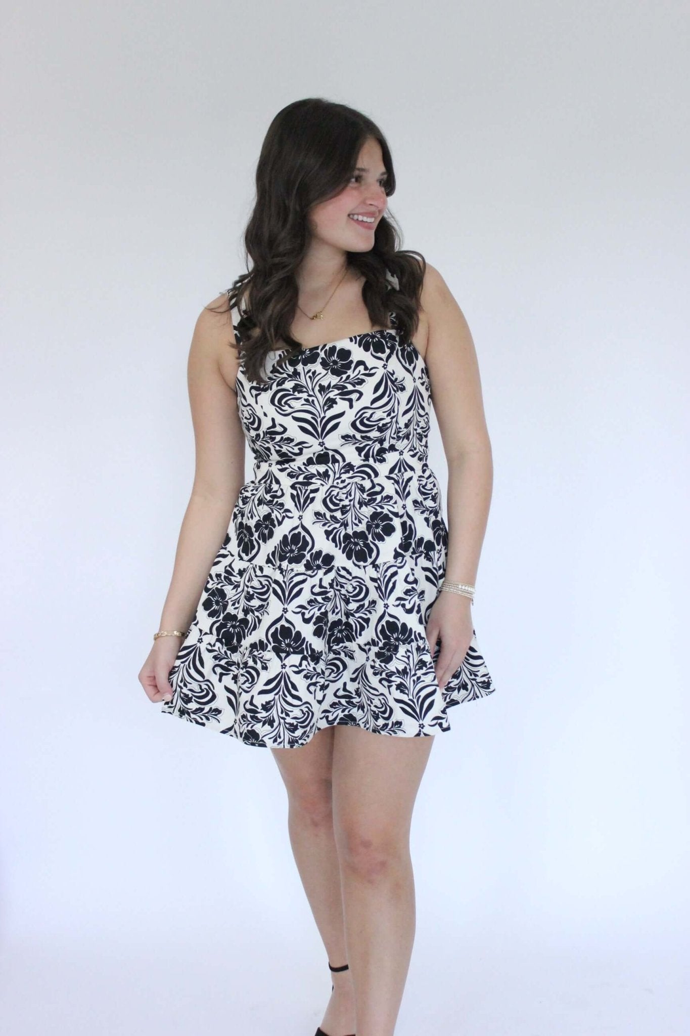 Bloom Black & White Floral A - Line Mini Dress - Anderson Ave boutique