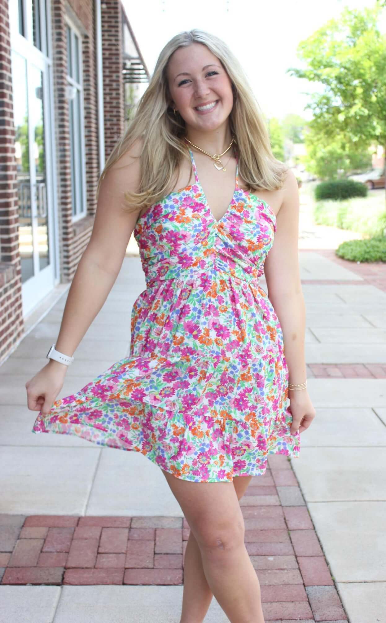 Bloom Vibes Halter Mini Dress – Colorful Floral Print - Anderson Ave boutique