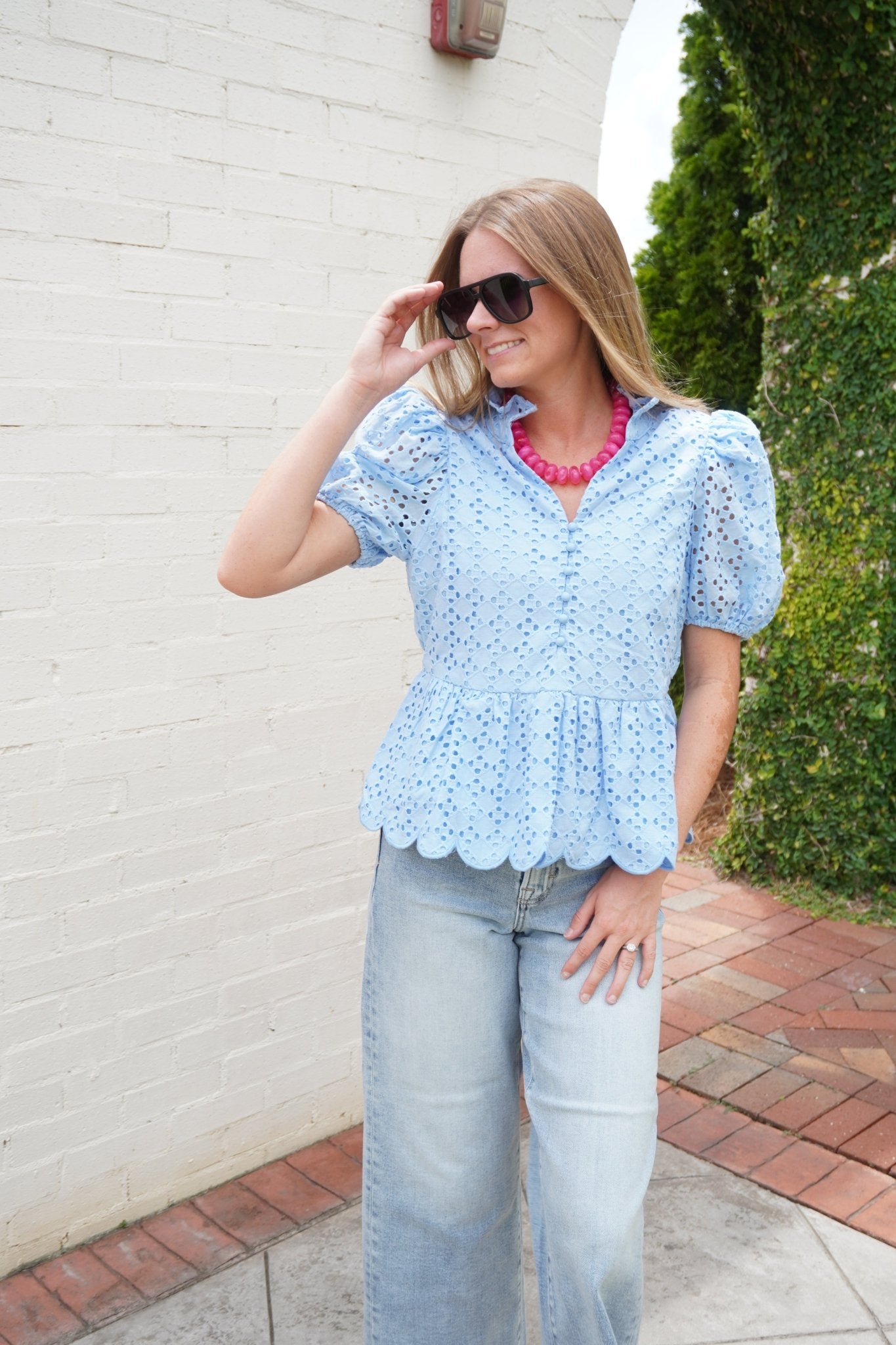 Blue Eyelet Puff Sleeve Cotton Peplum Top - Anderson Ave boutique
