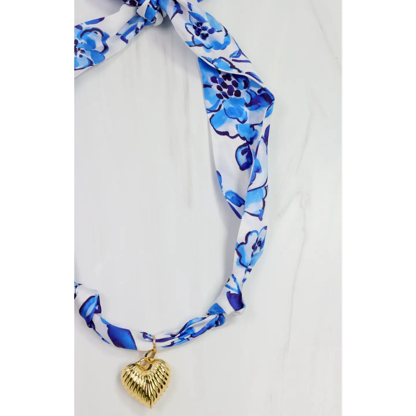 Blue Floral Scarf Necklace with Gold Heart Pendant - Anderson Ave boutique
