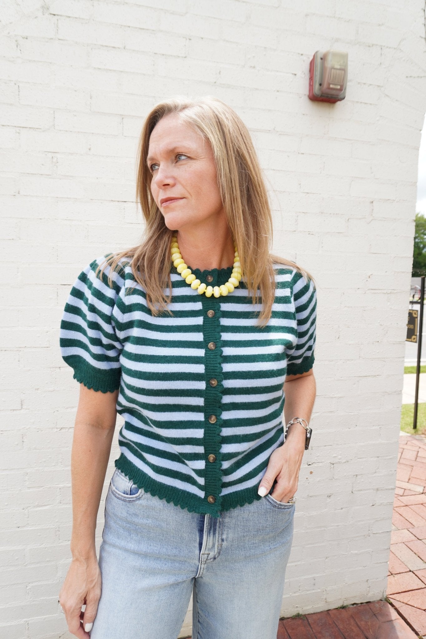 Blue & Hunter Green Striped Puff Sleeve Knit Cardigan - Anderson Ave boutique