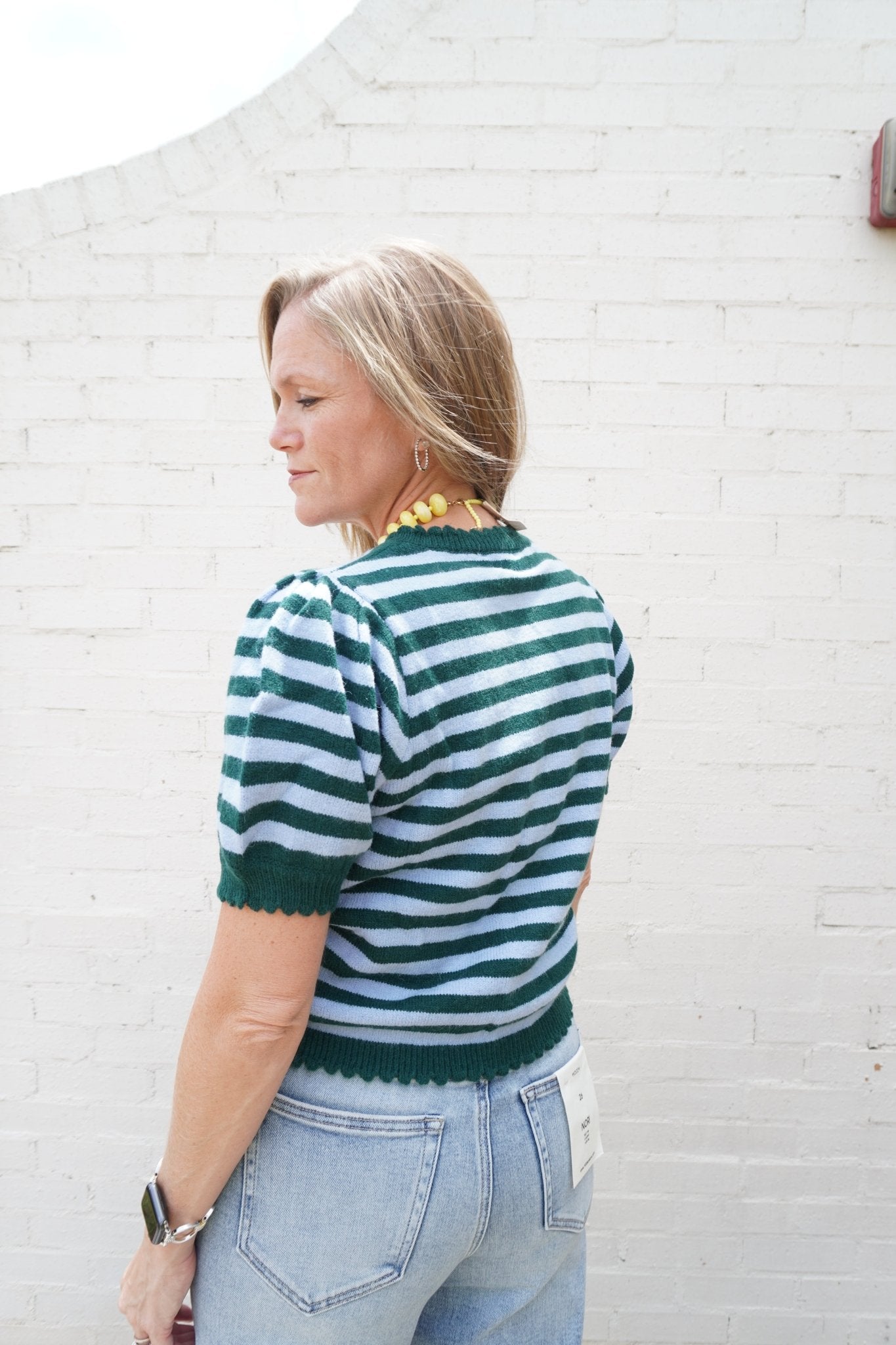 Blue & Hunter Green Striped Puff Sleeve Knit Cardigan - Anderson Ave boutique