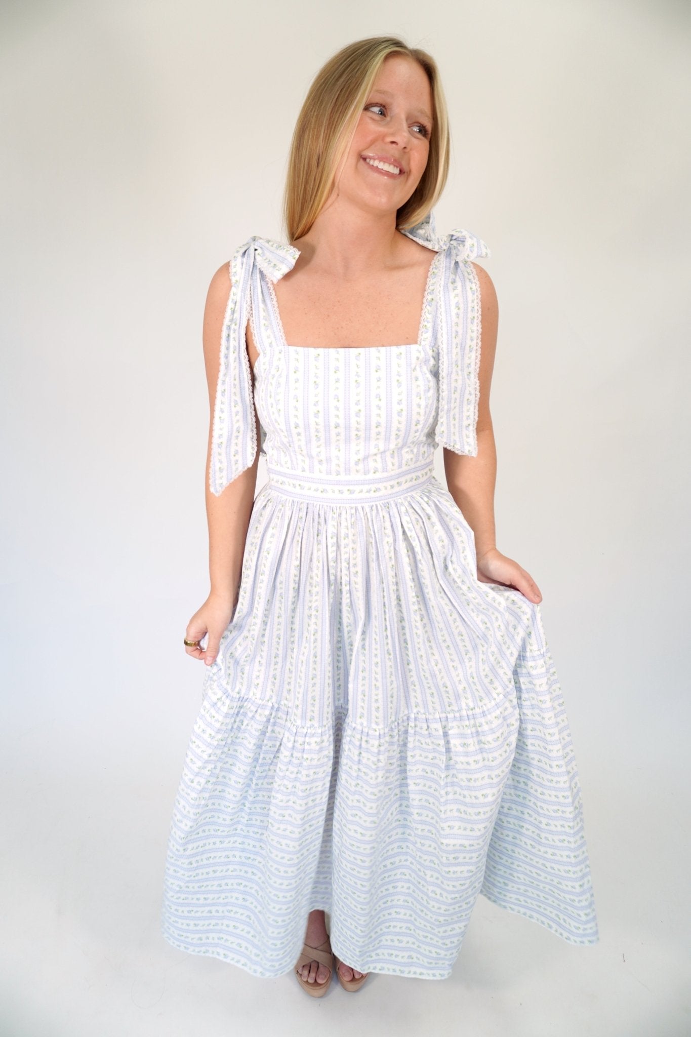 Bluebell Floral Tiered Midi Dress | Tie - Shoulder Sundress - Light Blue - Anderson Ave boutique
