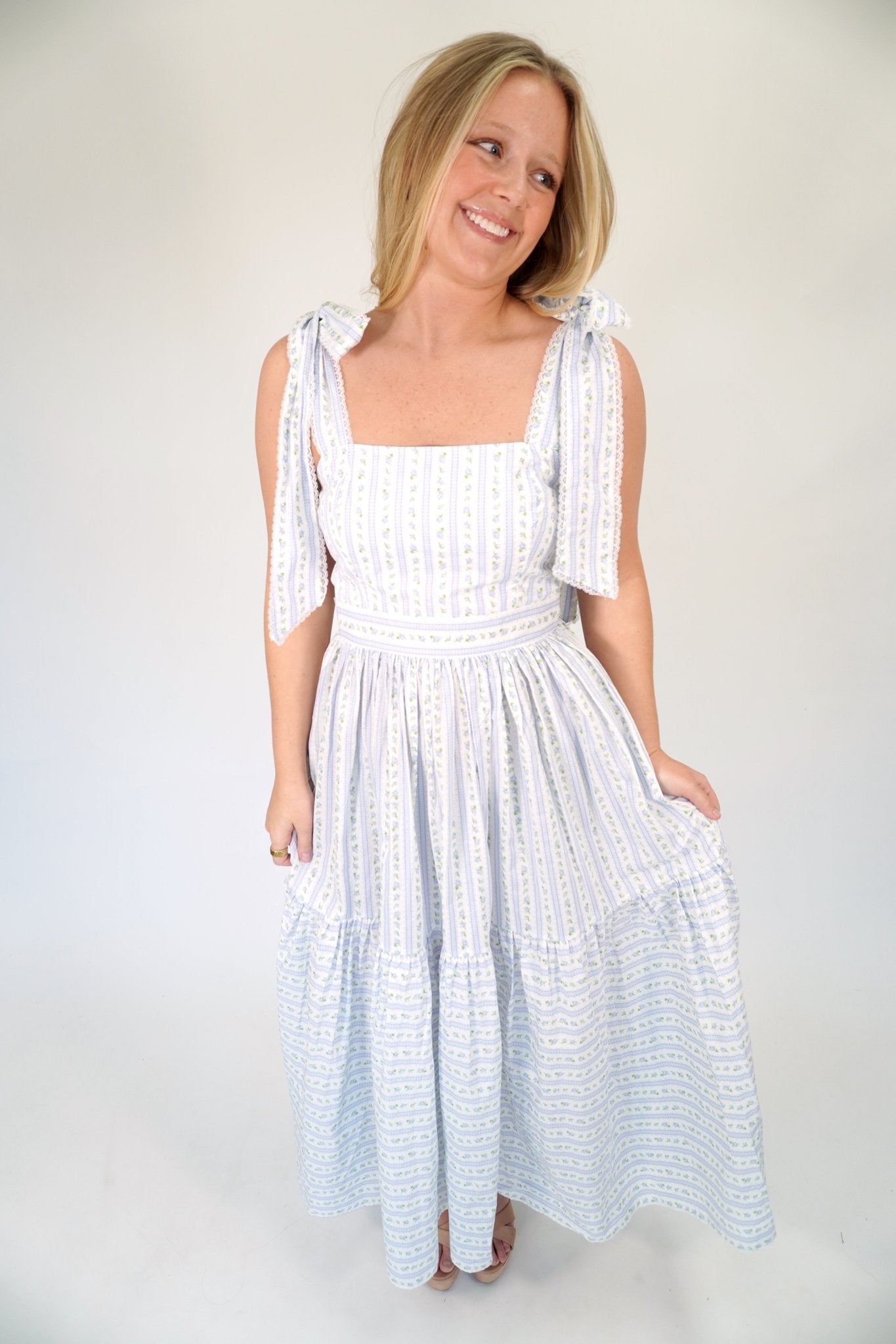 Bluebell Floral Tiered Midi Dress | Tie - Shoulder Sundress - Light Blue - Anderson Ave boutique