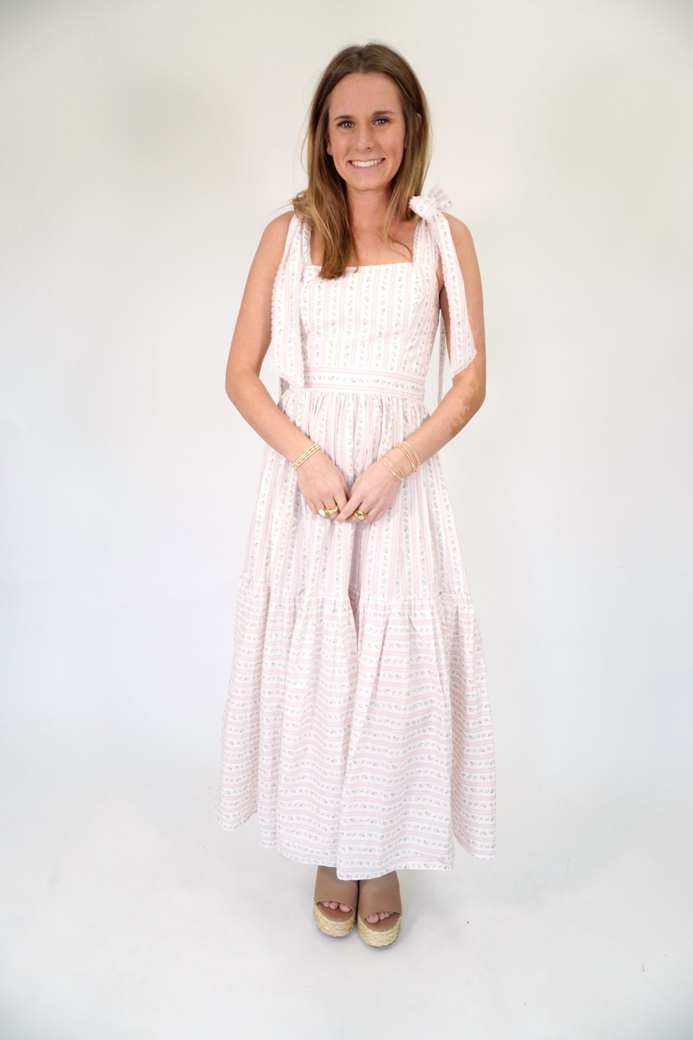 Bluebell Floral Tiered Midi Dress | Tie - Shoulder Sundress - Light Pink - Anderson Ave boutique