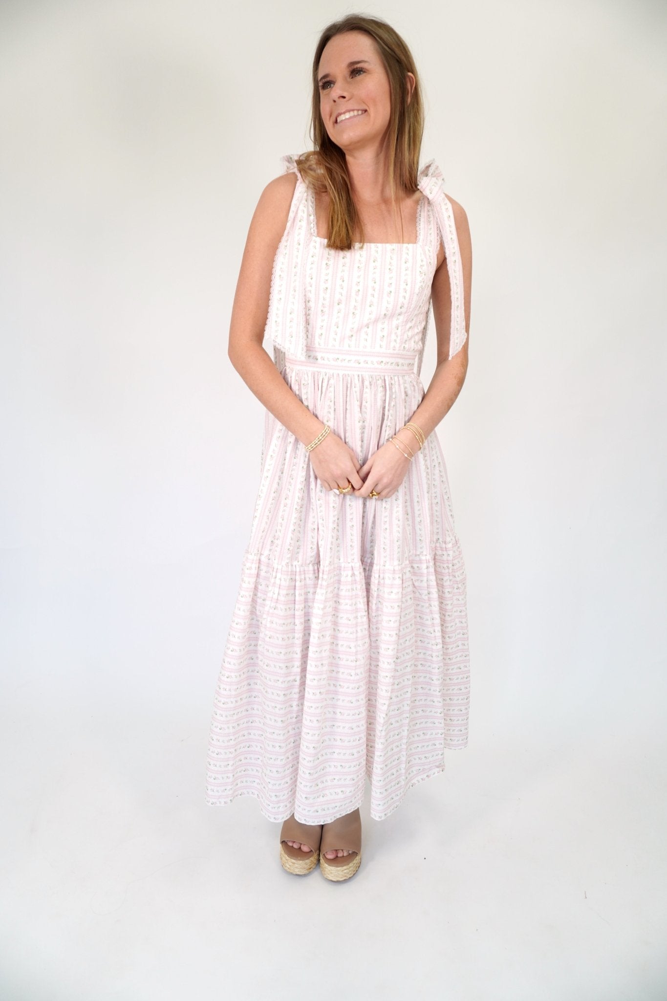 Bluebell Floral Tiered Midi Dress | Tie - Shoulder Sundress - Light Pink - Anderson Ave boutique