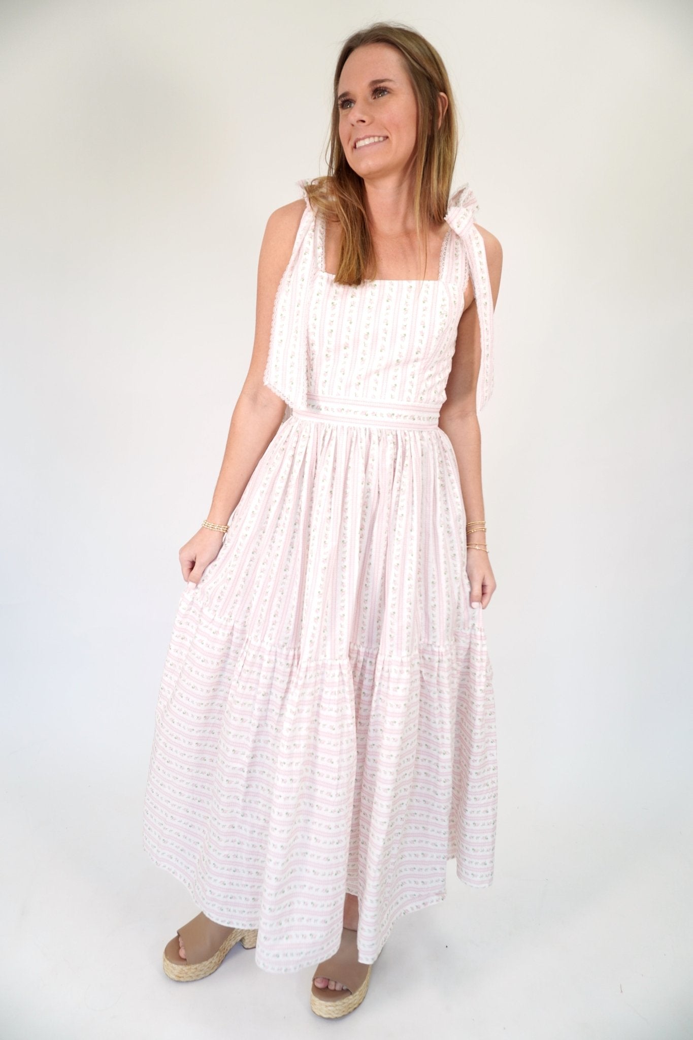 Bluebell Floral Tiered Midi Dress | Tie - Shoulder Sundress - Light Pink - Anderson Ave boutique