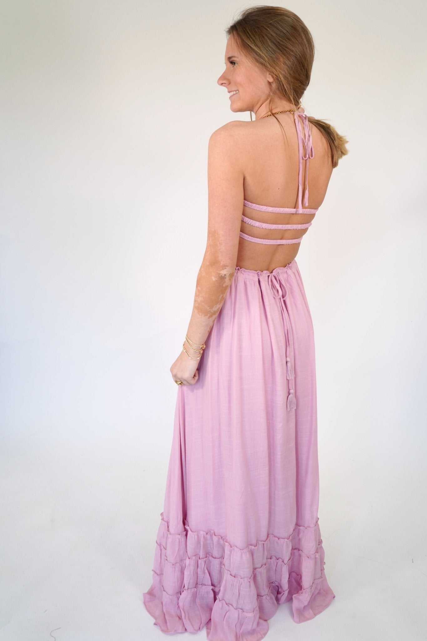 Blush Pink Smocked Halter Tiered Maxi Dress - Anderson Ave boutique