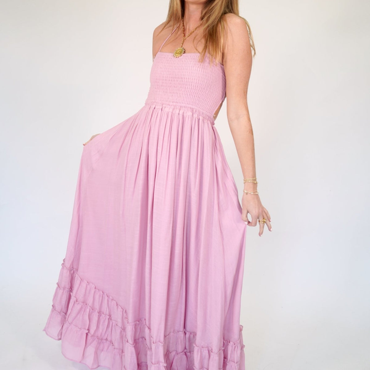 Blush Pink Smocked Halter Tiered Maxi Dress – Anderson Ave boutique