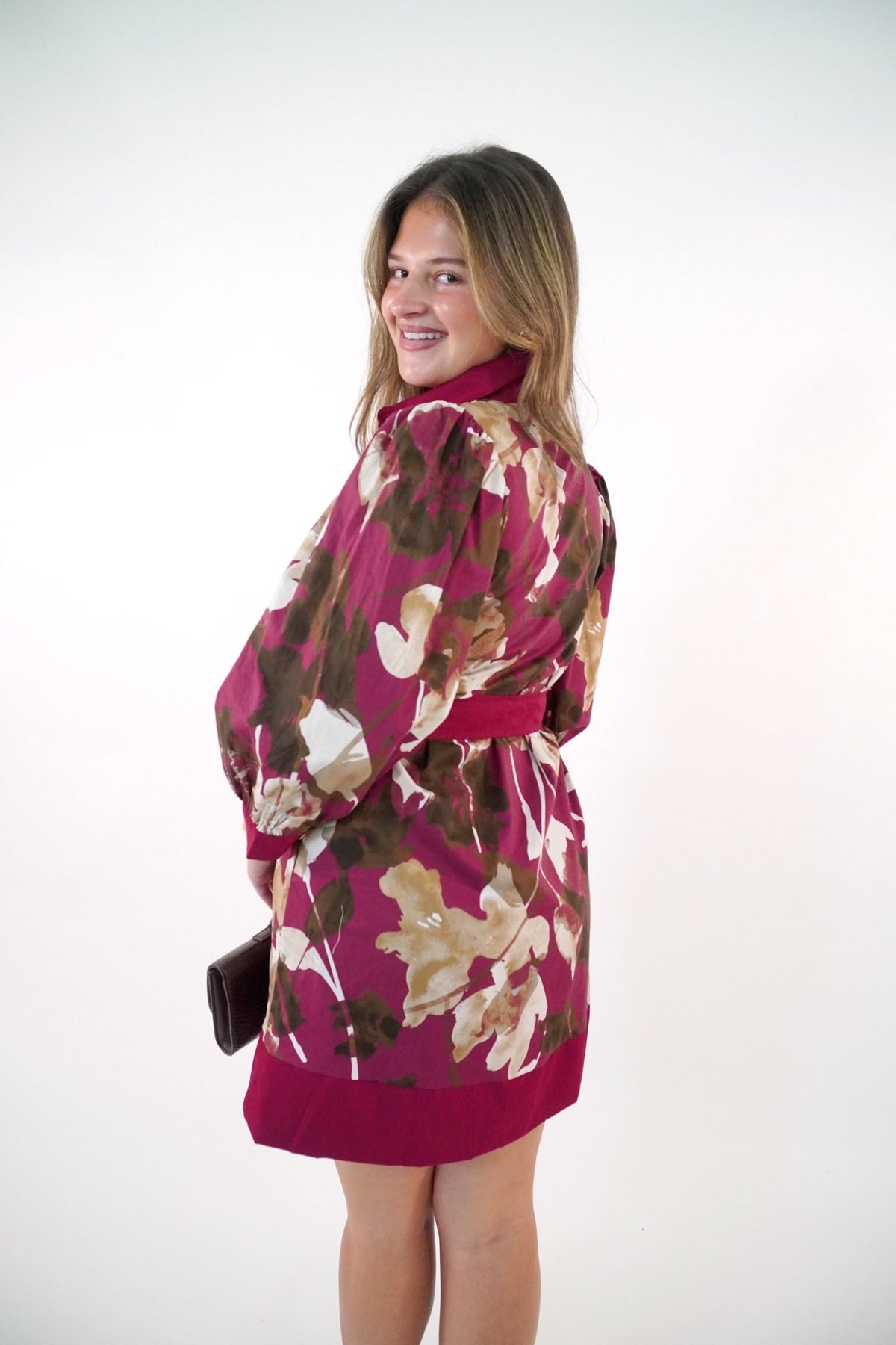 Burgundy Floral Print Belted Mini Dress - Anderson Ave boutique