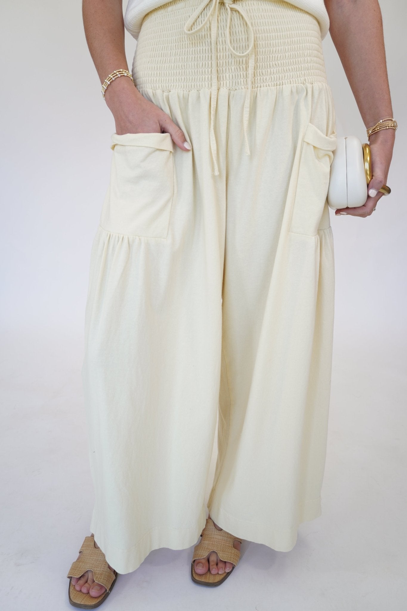 Butter Cream Smocked High - Waist Wide - Leg Cargo Pants - Anderson Ave boutique