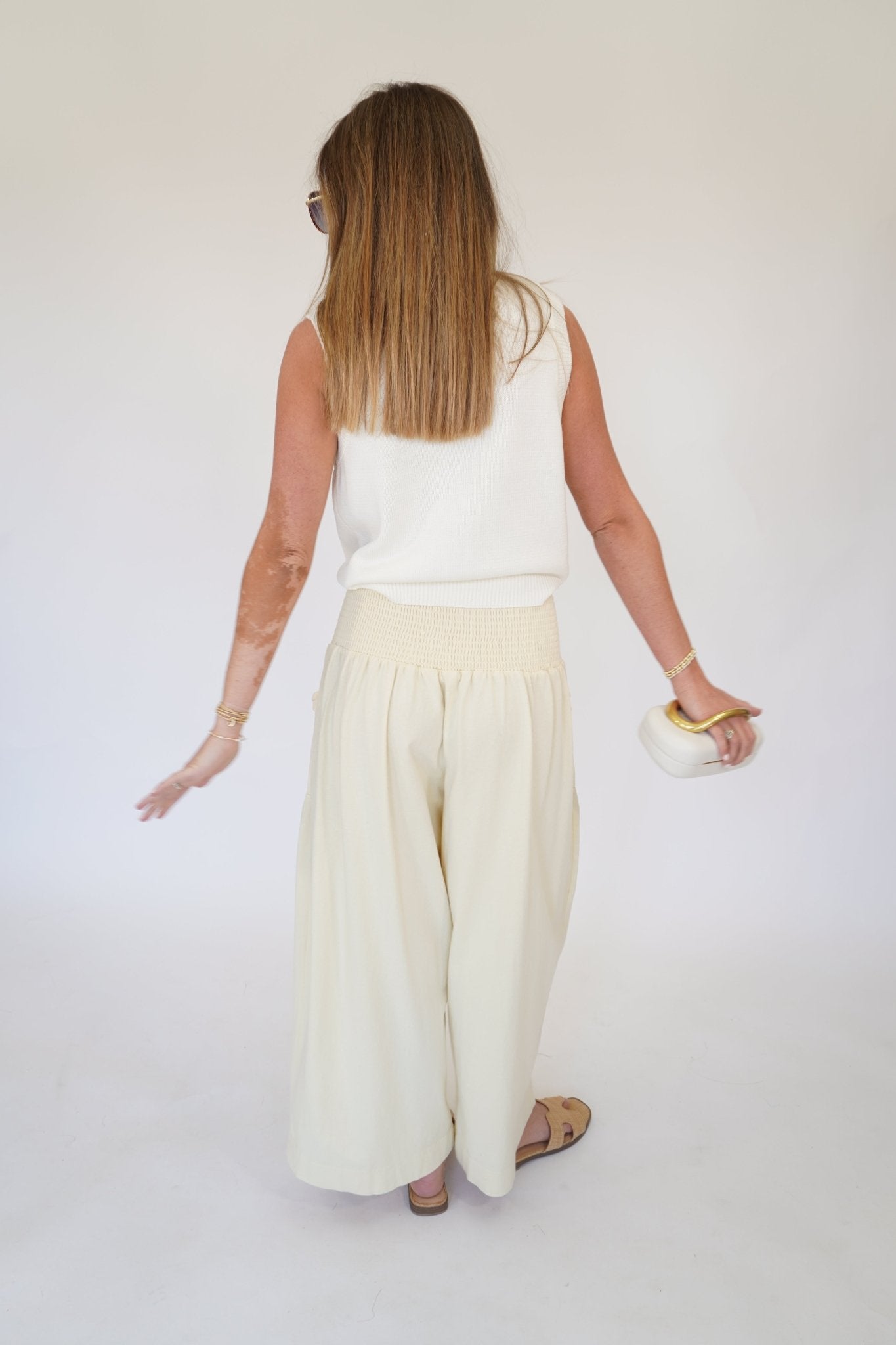 Butter Cream Smocked High - Waist Wide - Leg Cargo Pants - Anderson Ave boutique