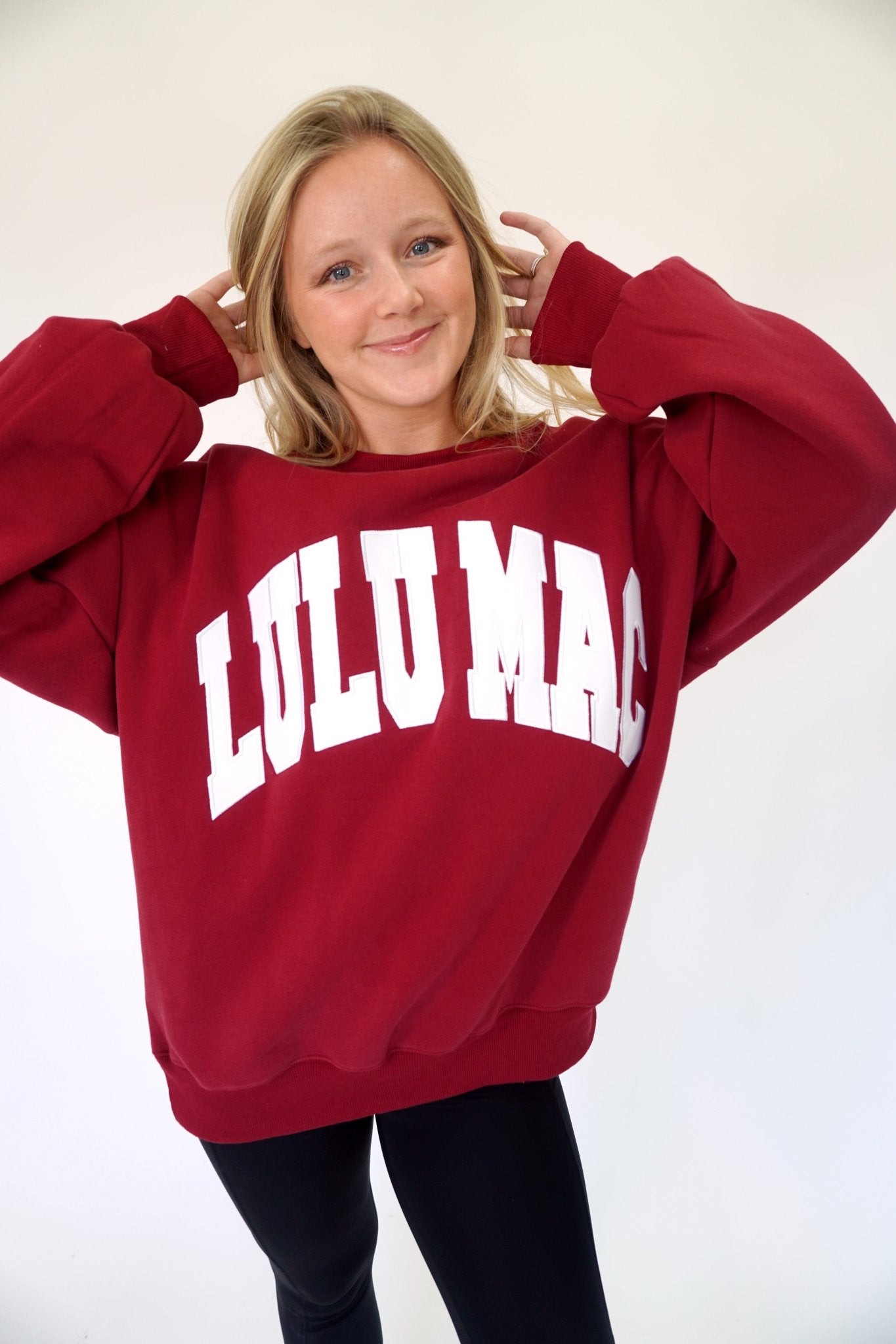 Copy Lulu Mac Oversized Cardinal Red Sweatshirt – White Appliqué Stitch Pullover - Anderson Ave boutique