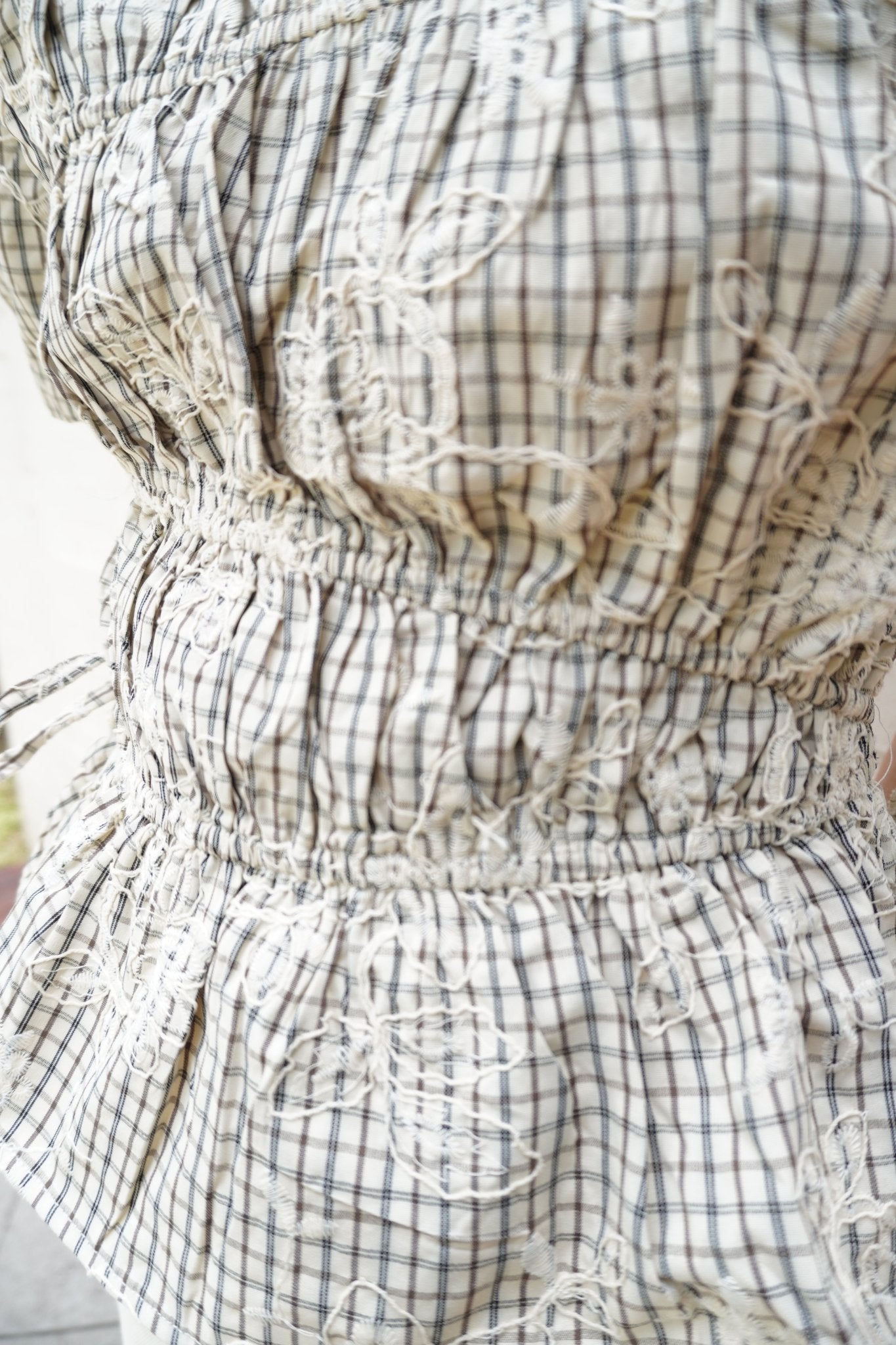 Cream Plaid Floral Embroidered Peplum Top - Anderson Ave boutique