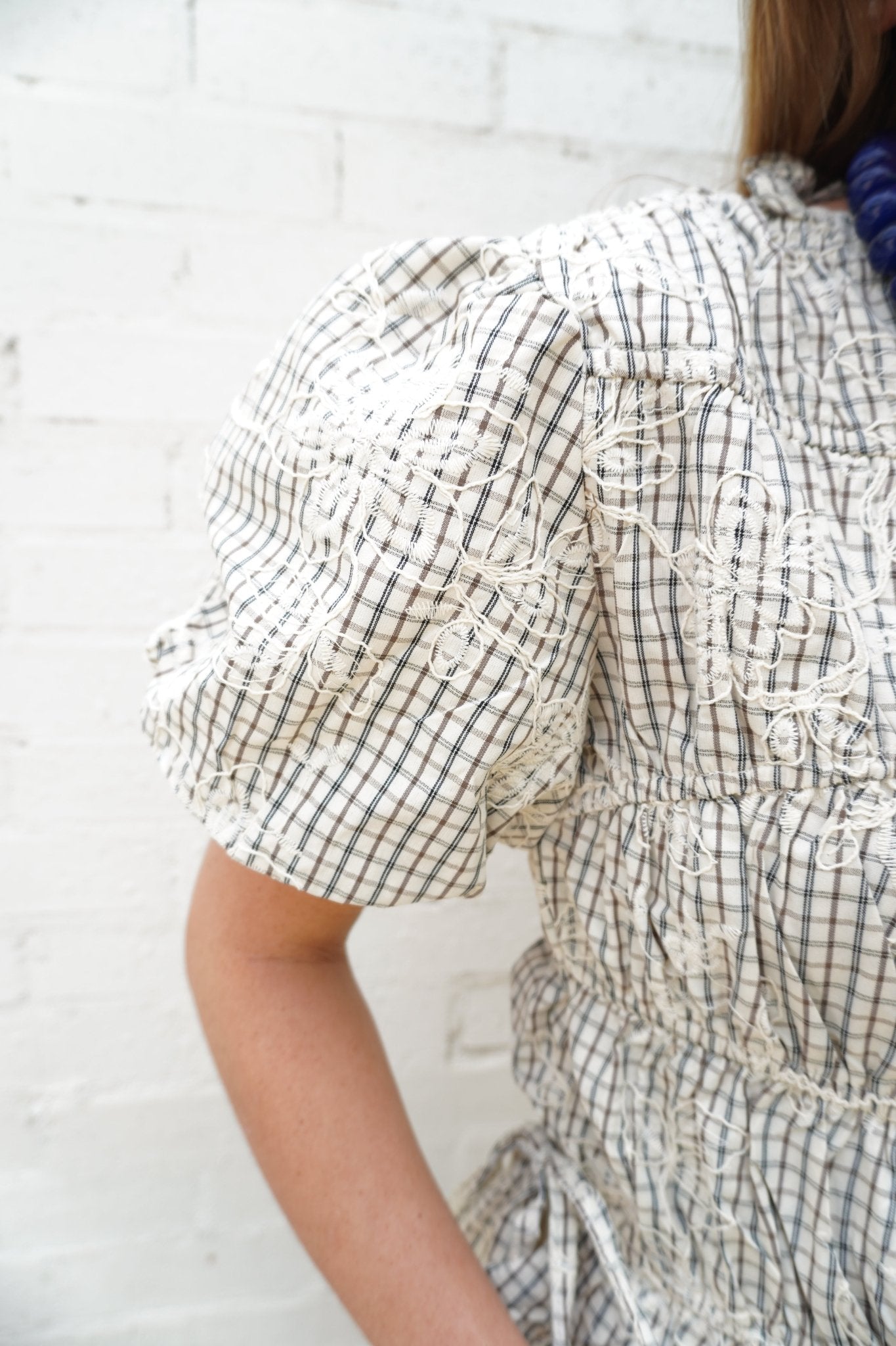 Cream Plaid Floral Embroidered Peplum Top - Anderson Ave boutique