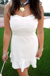 Denim Mini Dress W/ Ruffle Hem And Shoulder Ties - White - Anderson Ave boutique