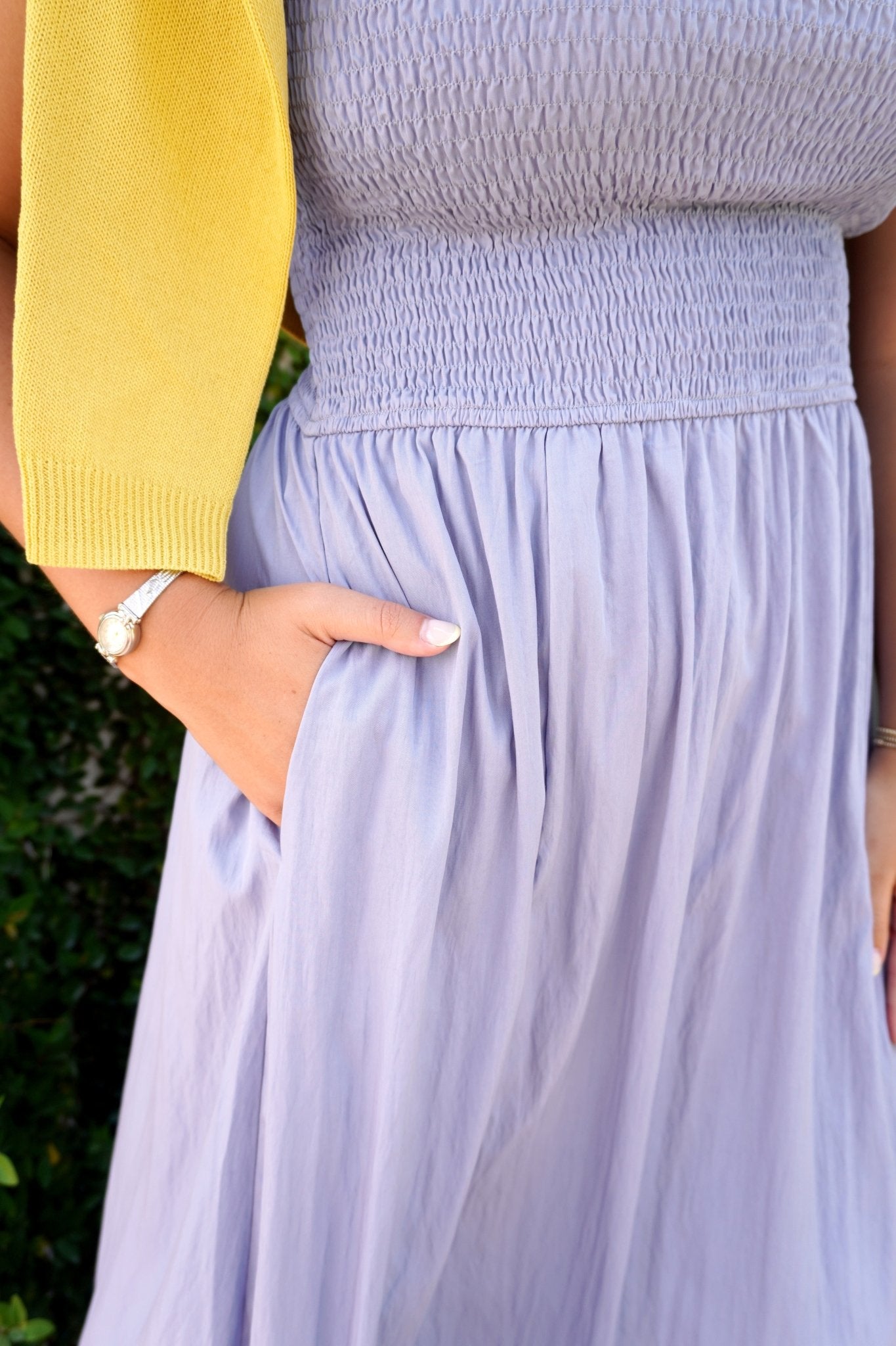 Dusty Blue Smocked Midi Dress - Anderson Ave boutique