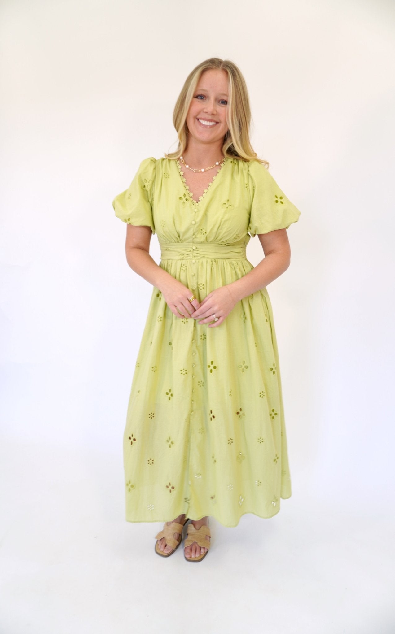 Elowen Eyelet Lace Smocked Midi Dress – Breathable Cotton Puff Sleeve - Anderson Ave boutique