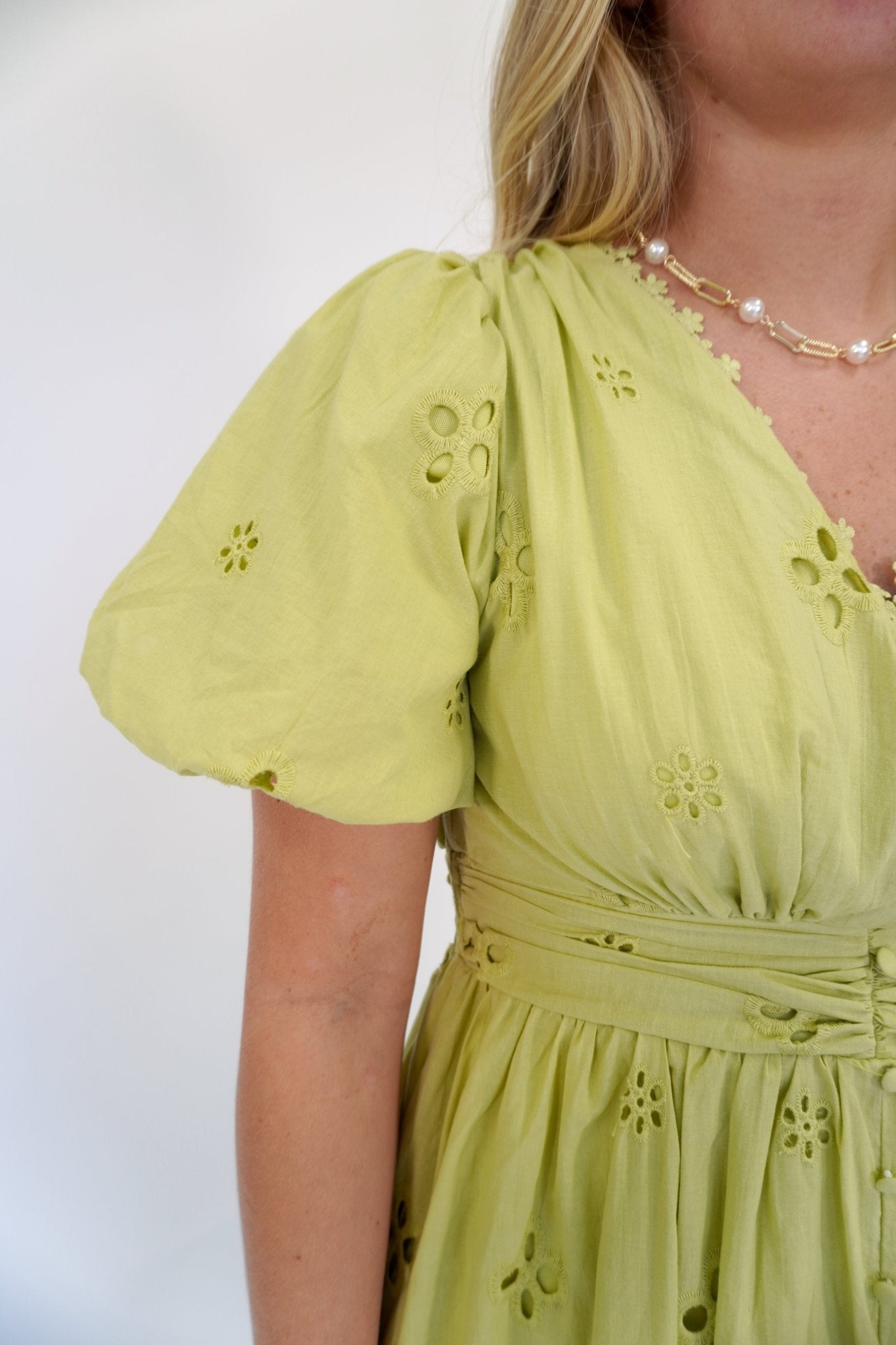 Elowen Eyelet Lace Smocked Midi Dress – Breathable Cotton Puff Sleeve - Anderson Ave boutique