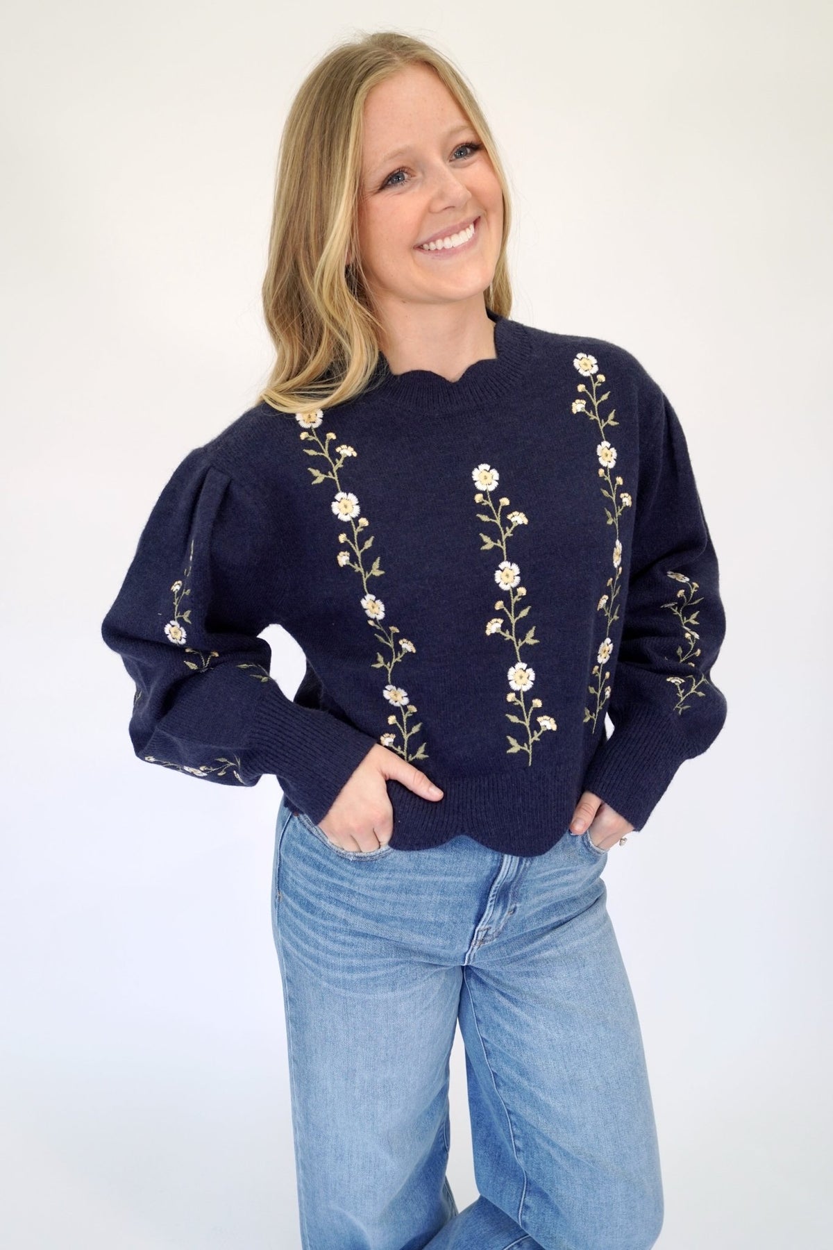 Emma Navy Flower Puff Sleeve Boutique Sweater - Anderson Ave boutique