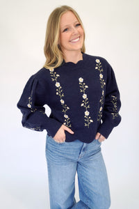 Emma Navy Flower Puff Sleeve Boutique Sweater - Anderson Ave boutique