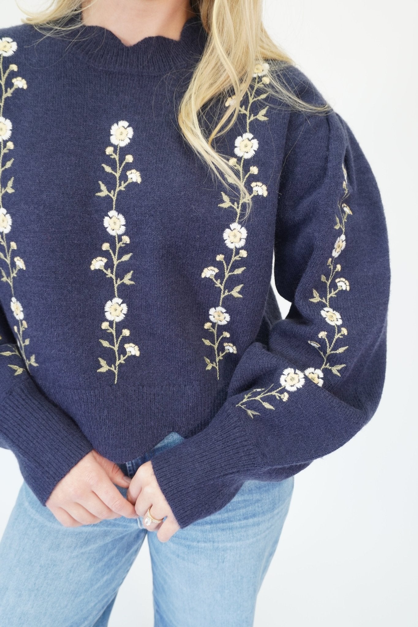 Emma Navy Flower Puff Sleeve Boutique Sweater - Anderson Ave boutique
