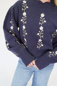Emma Navy Flower Puff Sleeve Boutique Sweater - Anderson Ave boutique