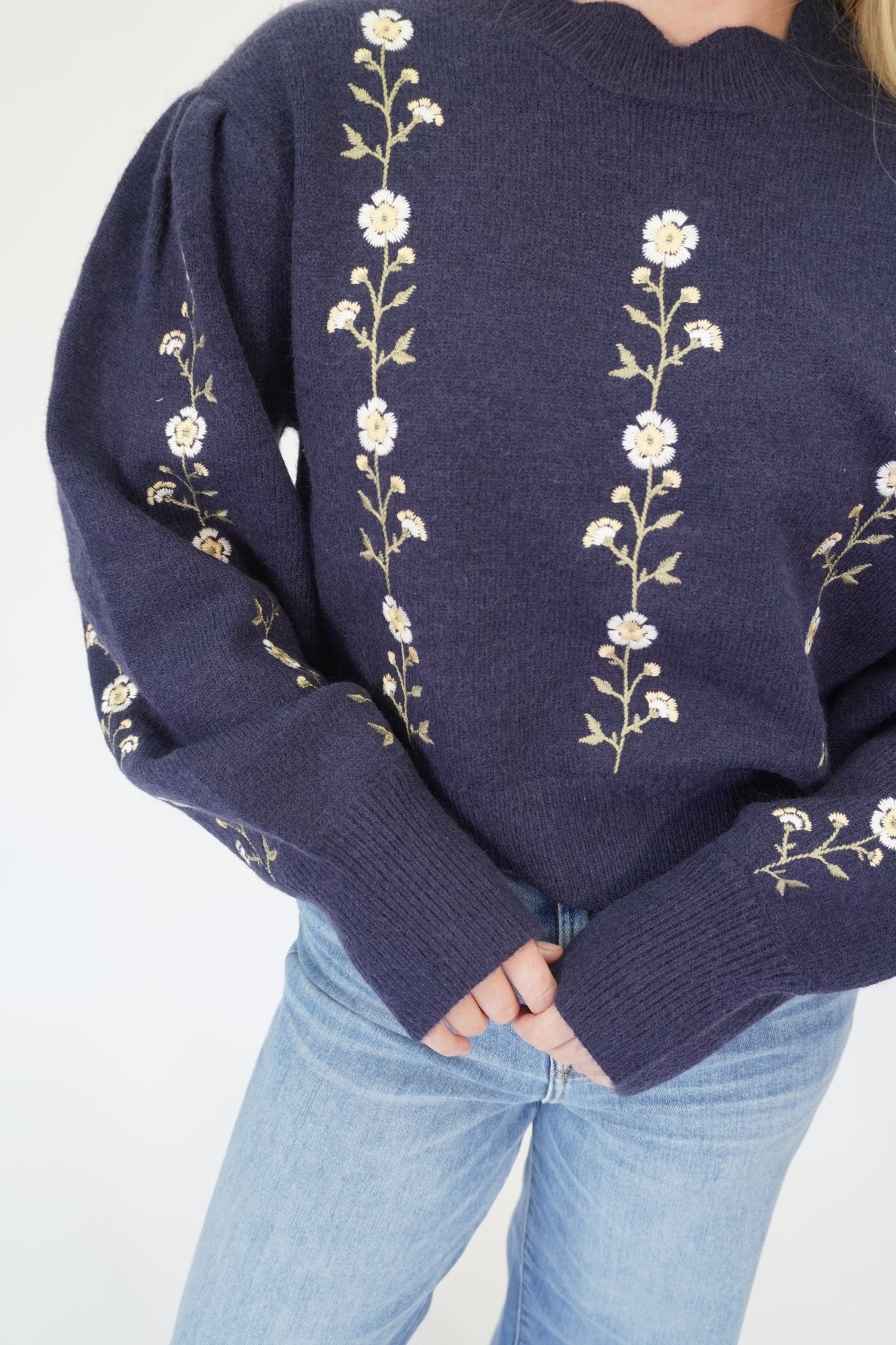 Emma Navy Flower Puff Sleeve Boutique Sweater - Anderson Ave boutique